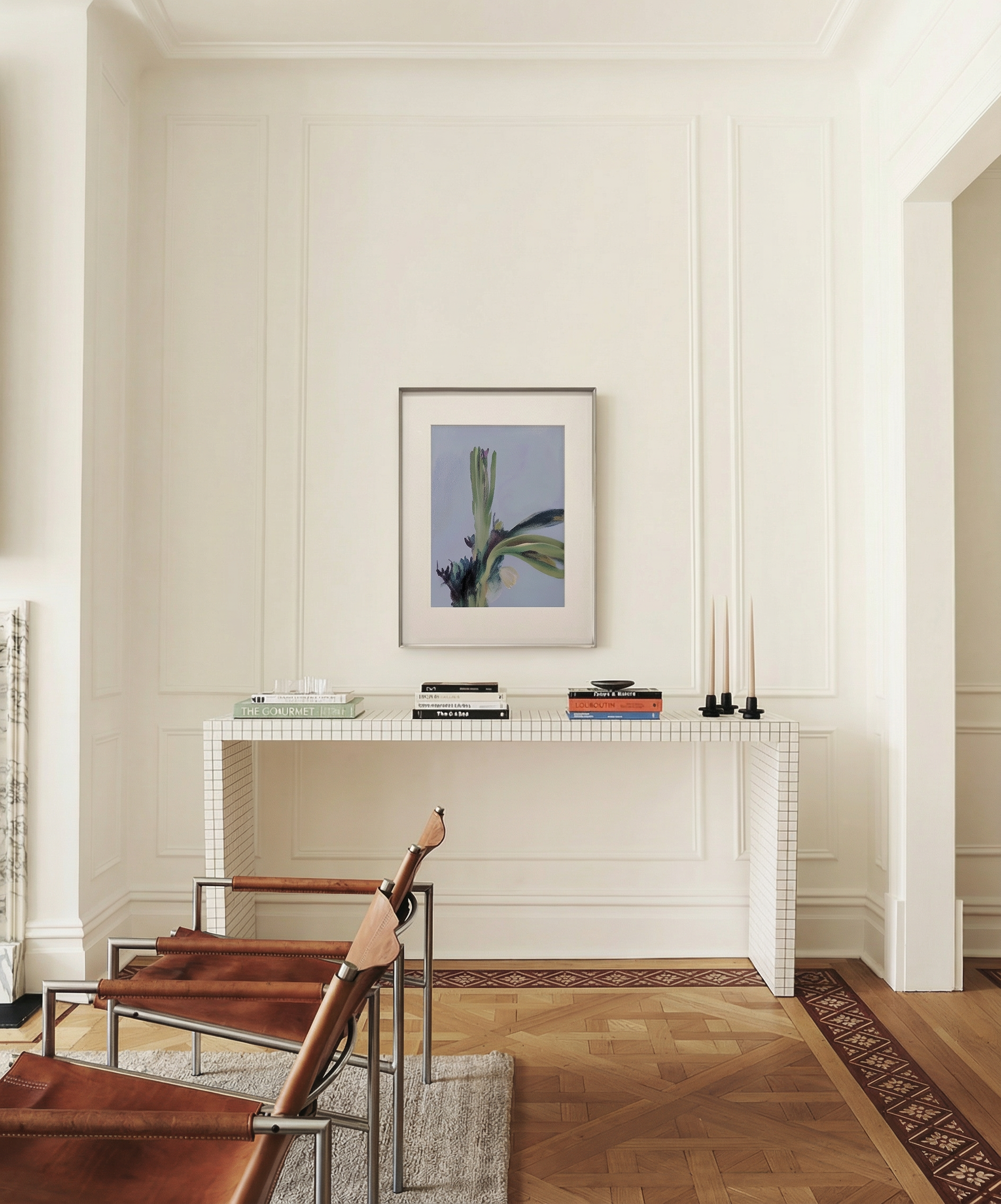 Modern interior with a console table, chairs, and artwork on a white wall. Orchid – Botanical Canvas Wall Art | Large Luxury Print | Brume Art
