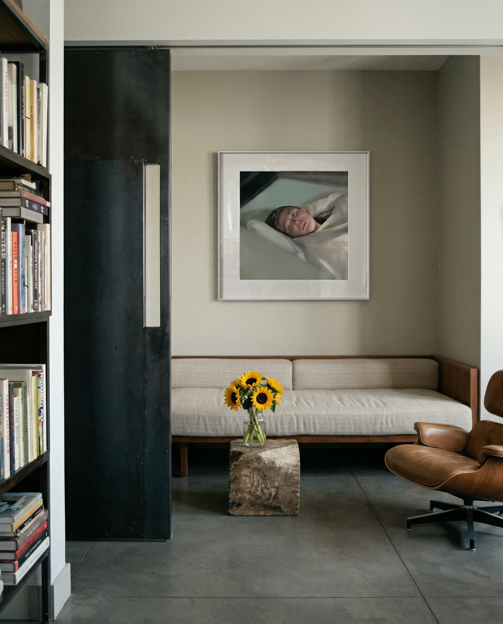 Modern interior with a sofa, bookshelf, and framed picture on a wall. Gaze – Figurative Canvas Wall Art | Premium Luxury Print | Brume Art | Luxury Wall Decor | Large Canvas Wall Art | Oversized Wall Hanging-Brume art