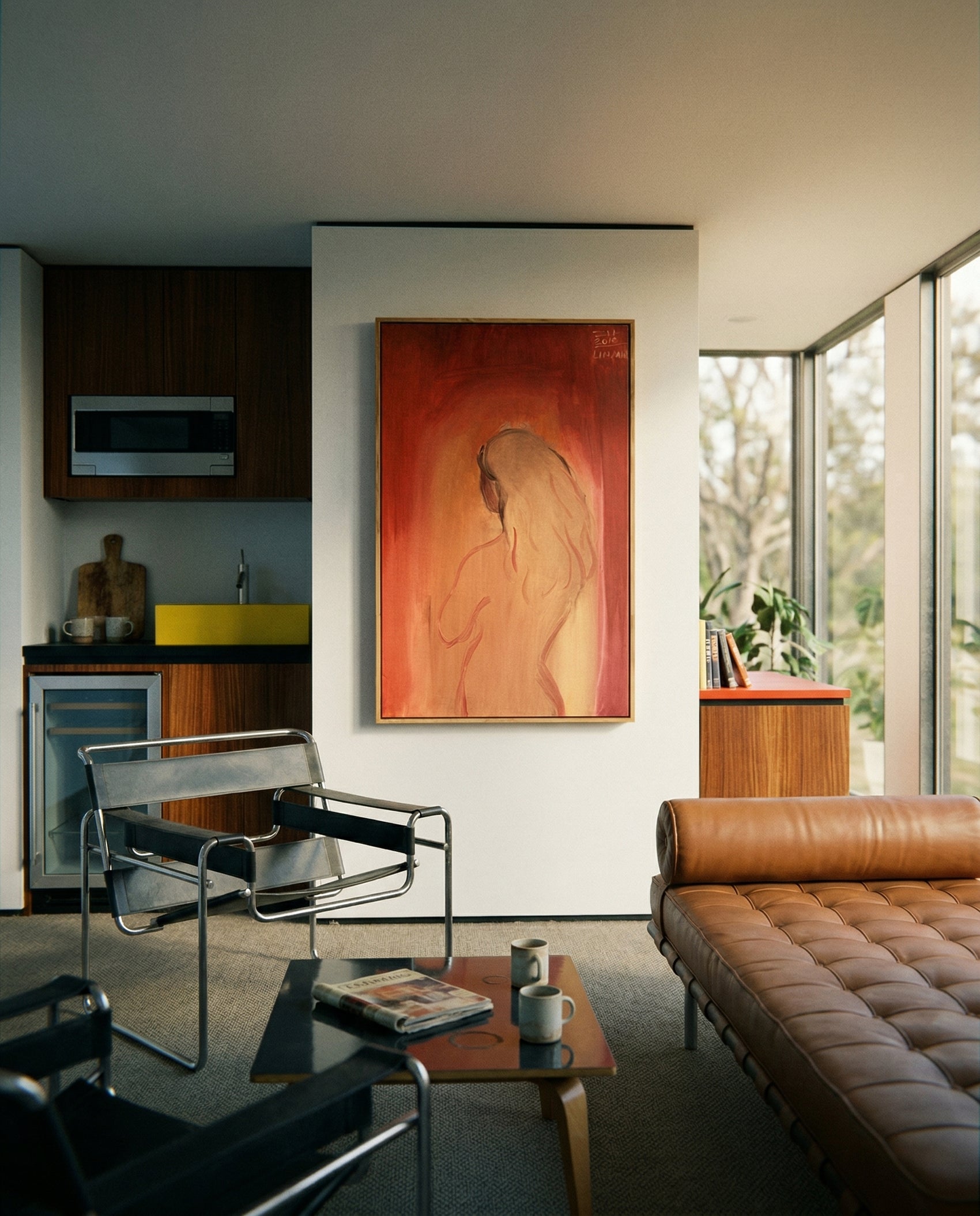 Modern living room with a brown leather sofa, black chair, and abstract painting on the wall. Presence – Contemporary Figurative Canvas Print | Luxury Wall Art | Brume Art