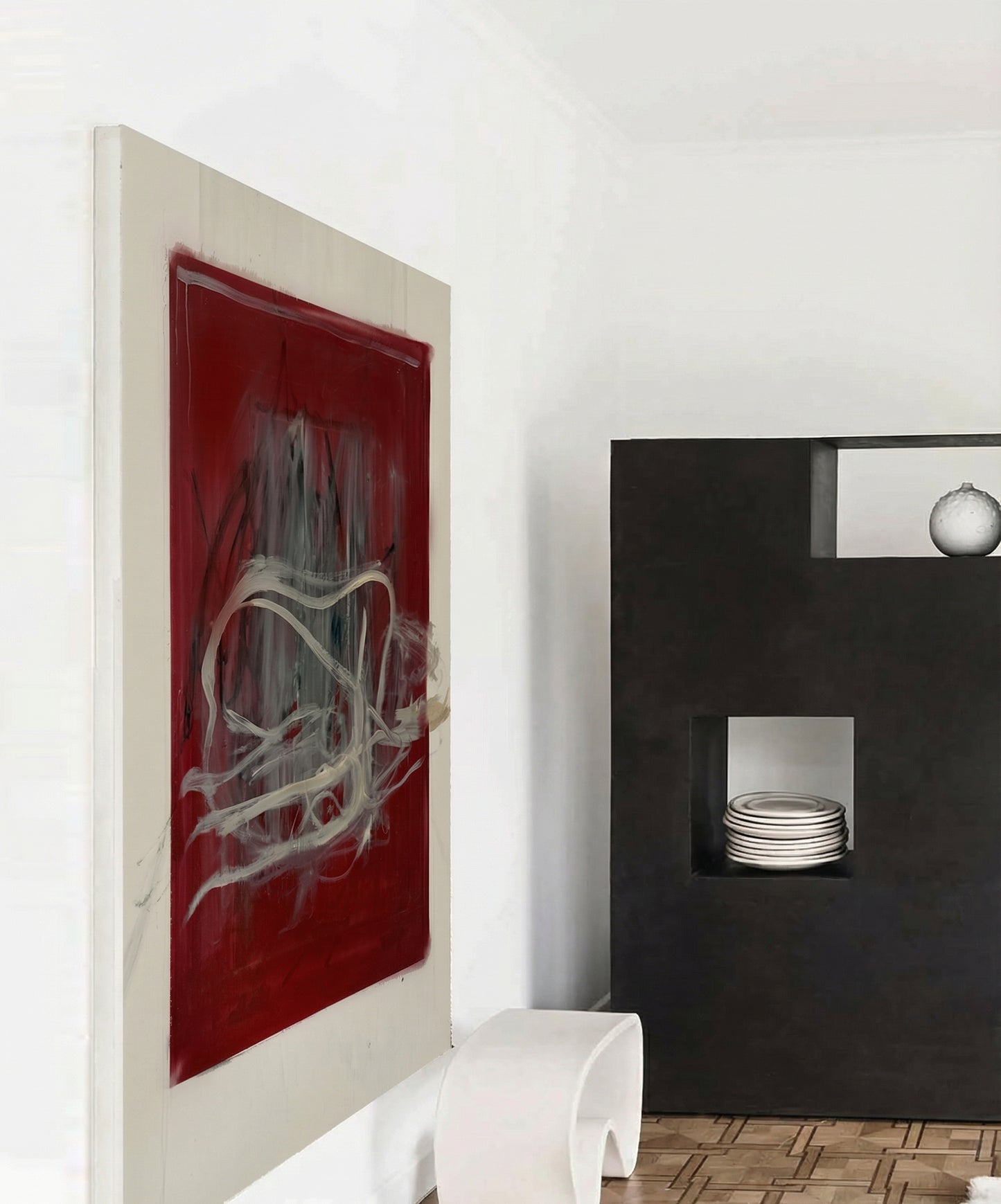 Modern interior with abstract red and white painting on a white wall. Tension – Bold Abstract Canvas Print | Large Luxury Wall Art | Brume Art
