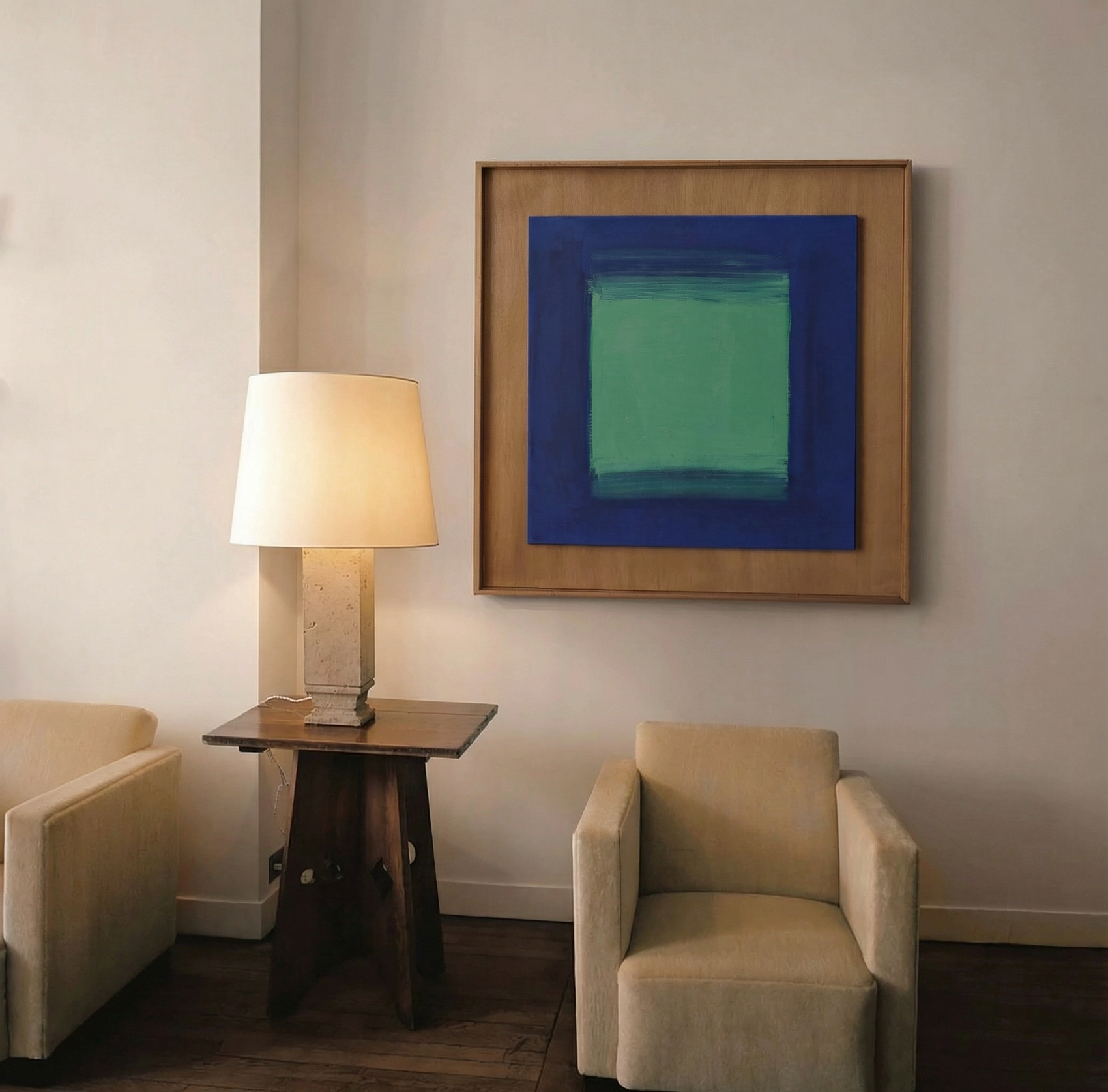 Living room with beige armchair, side table, and abstract painting on wall. Frame 2 - Bold Abstract Canvas Print | Large Luxury Wall Art | Brume Art| Luxury Wall Decor | Large Canvas Wall Art | Oversized Wall Hanging-Brume art