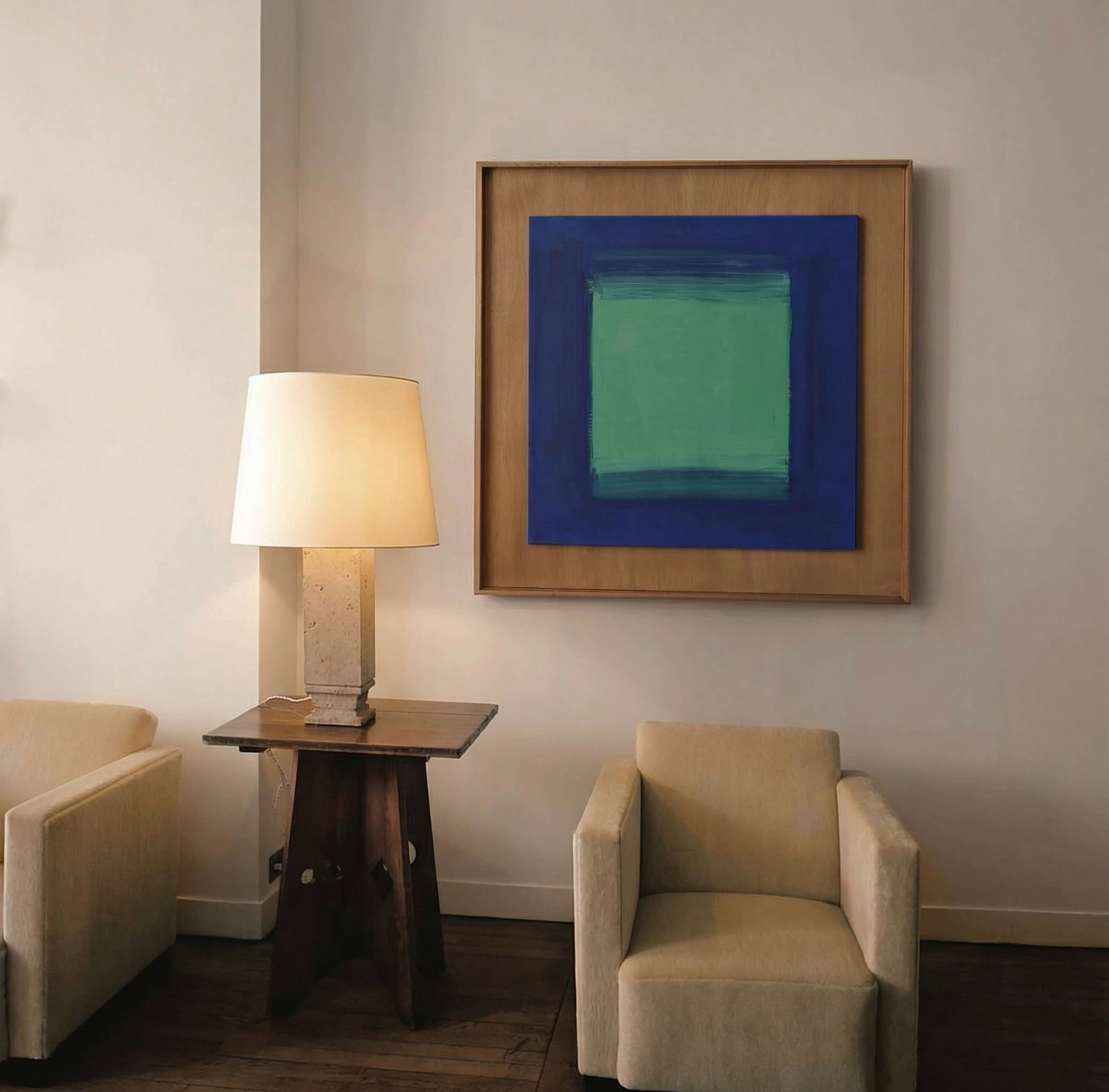 Living room with beige armchair, side table, and abstract painting on wall. Frame 2 - Bold Abstract Canvas Print | Large Luxury Wall Art | Brume Art| Luxury Wall Decor | Large Canvas Wall Art | Oversized Wall Hanging-Brume art