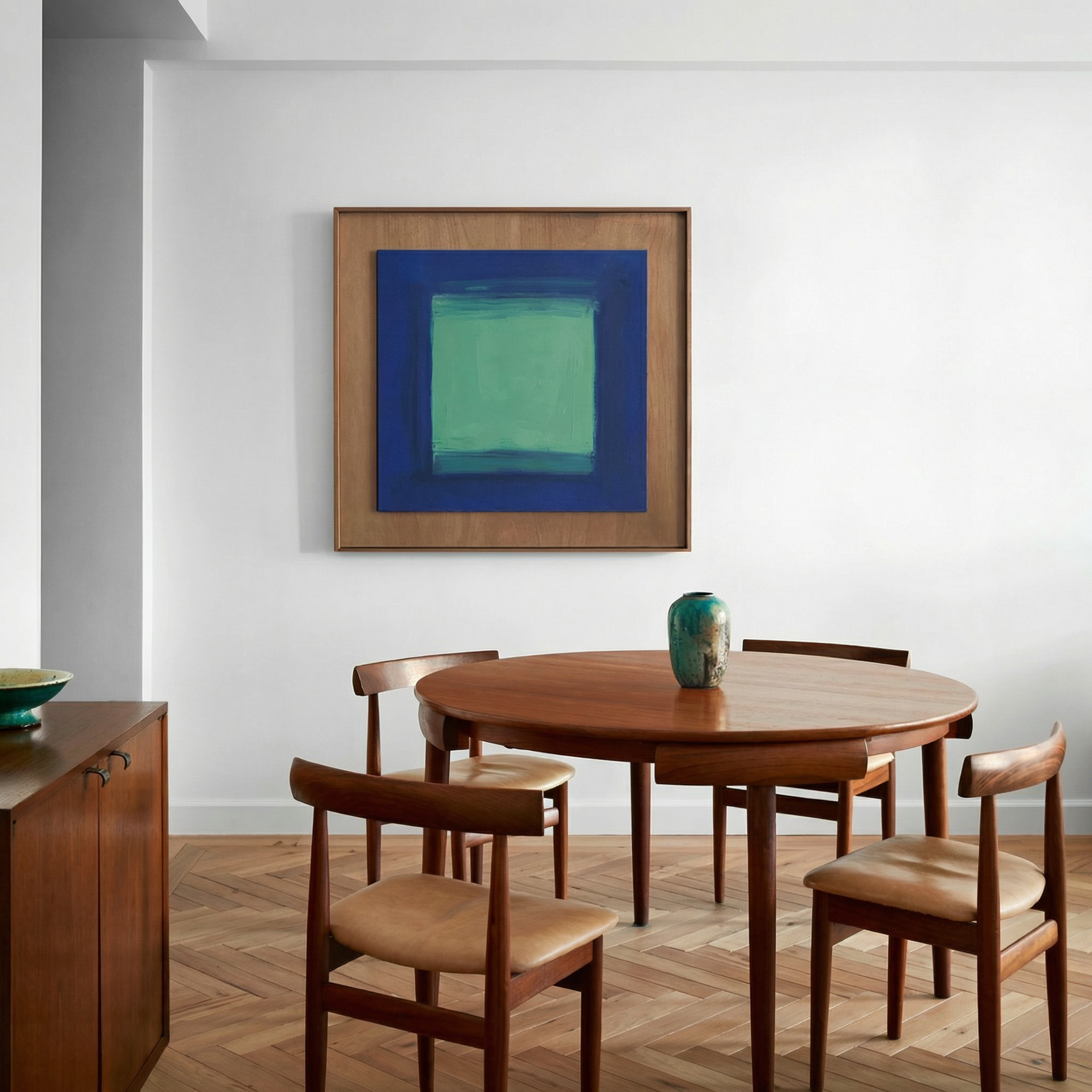 Dining room with wooden table and chairs, abstract painting on the wall. Frame 2 - Bold Abstract Canvas Print | Large Luxury Wall Art | Brume Art| Luxury Wall Decor | Large Canvas Wall Art | Oversized Wall Hanging-Brume art