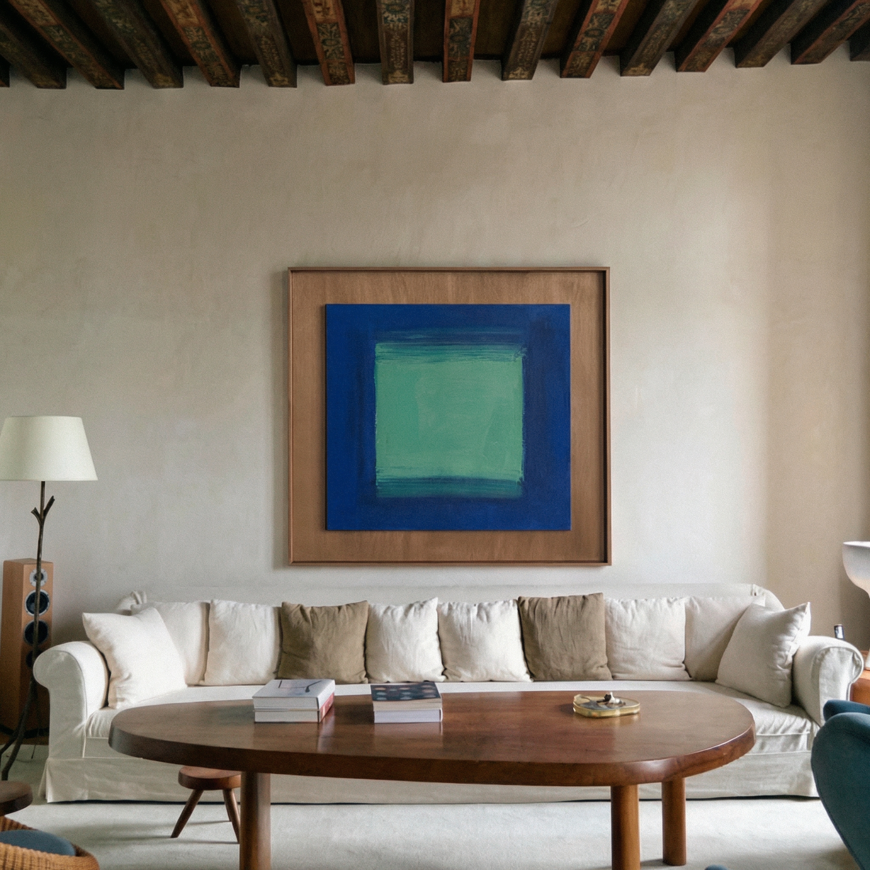 Living room with a beige sofa, wooden coffee table, and abstract painting on the wall. Frame 2 - Bold Abstract Canvas Print | Large Luxury Wall Art | Brume Art| Luxury Wall Decor | Large Canvas Wall Art | Oversized Wall Hanging-Brume art