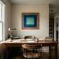 Home office with wooden desk, chair, lamp, and framed abstract art on wall. Frame 2 - Bold Abstract Canvas Print | Large Luxury Wall Art | Brume Art| Luxury Wall Decor | Large Canvas Wall Art | Oversized Wall Hanging-Brume art