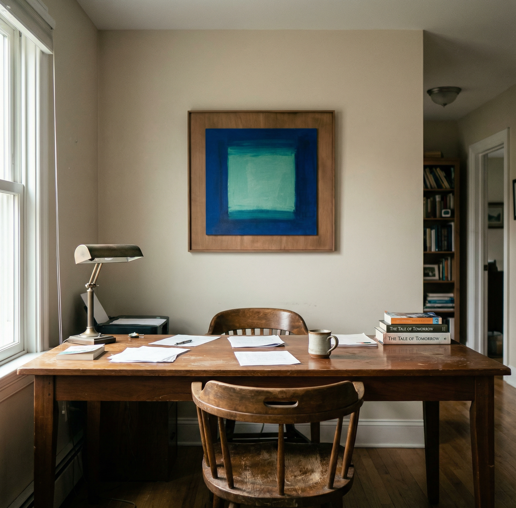 Home office with wooden desk, chair, lamp, and framed abstract art on wall. Frame 2 - Bold Abstract Canvas Print | Large Luxury Wall Art | Brume Art| Luxury Wall Decor | Large Canvas Wall Art | Oversized Wall Hanging-Brume art