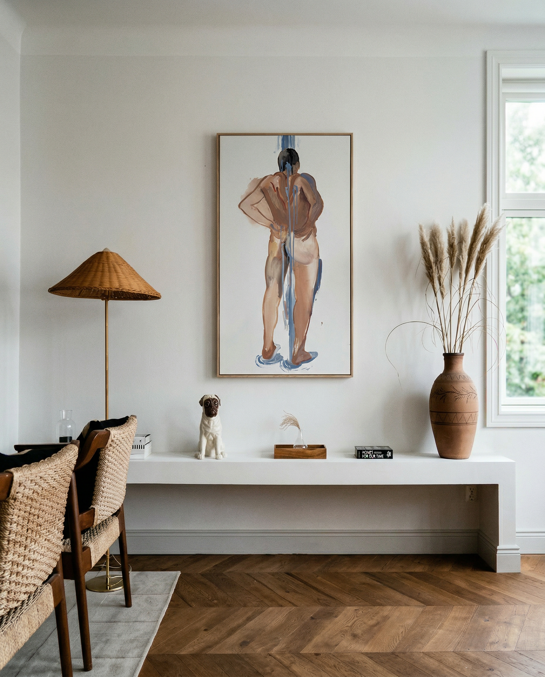 Modern interior with a desk, lamp, and artwork on a white wall. Man bathing – Portrait Canvas Wall Art | Large Luxury Print | Brume Art