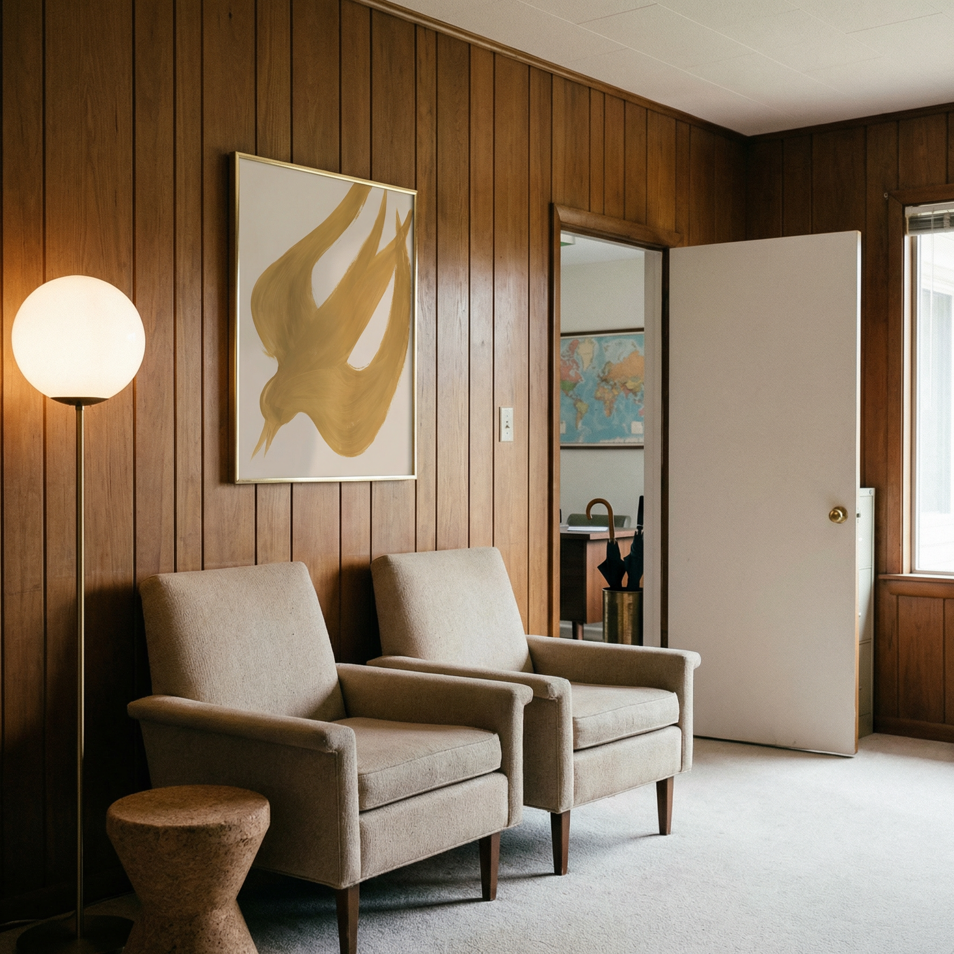 Two beige armchairs in a room with wooden paneling, a lamp, and a door. Golden Bird – Elegant Nature Canvas Print | Luxury Wall Art | Brume Art