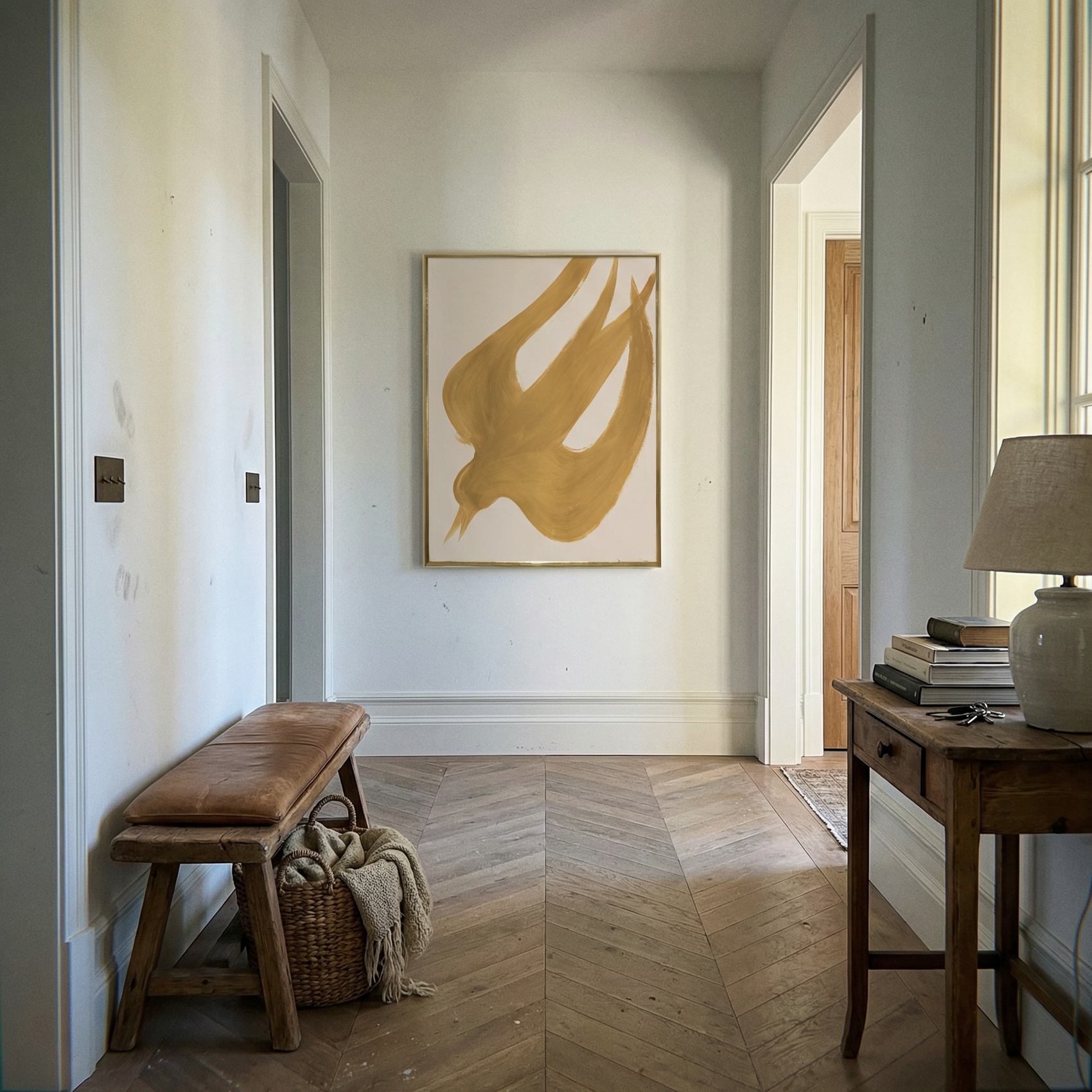 Narrow hallway with wooden floor, bench, basket, and abstract art on wall. Golden Bird – Elegant Nature Canvas Print | Luxury Wall Art | Brume Art