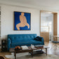 Modern living room with blue sofa, coffee table, and artwork on the wall. Figure in blue – Figurative Abstract Canvas | Premium Wall Art | Brume Art | Luxury Wall Decor | Large Canvas Wall Art | Oversized Wall Hanging-Brume art