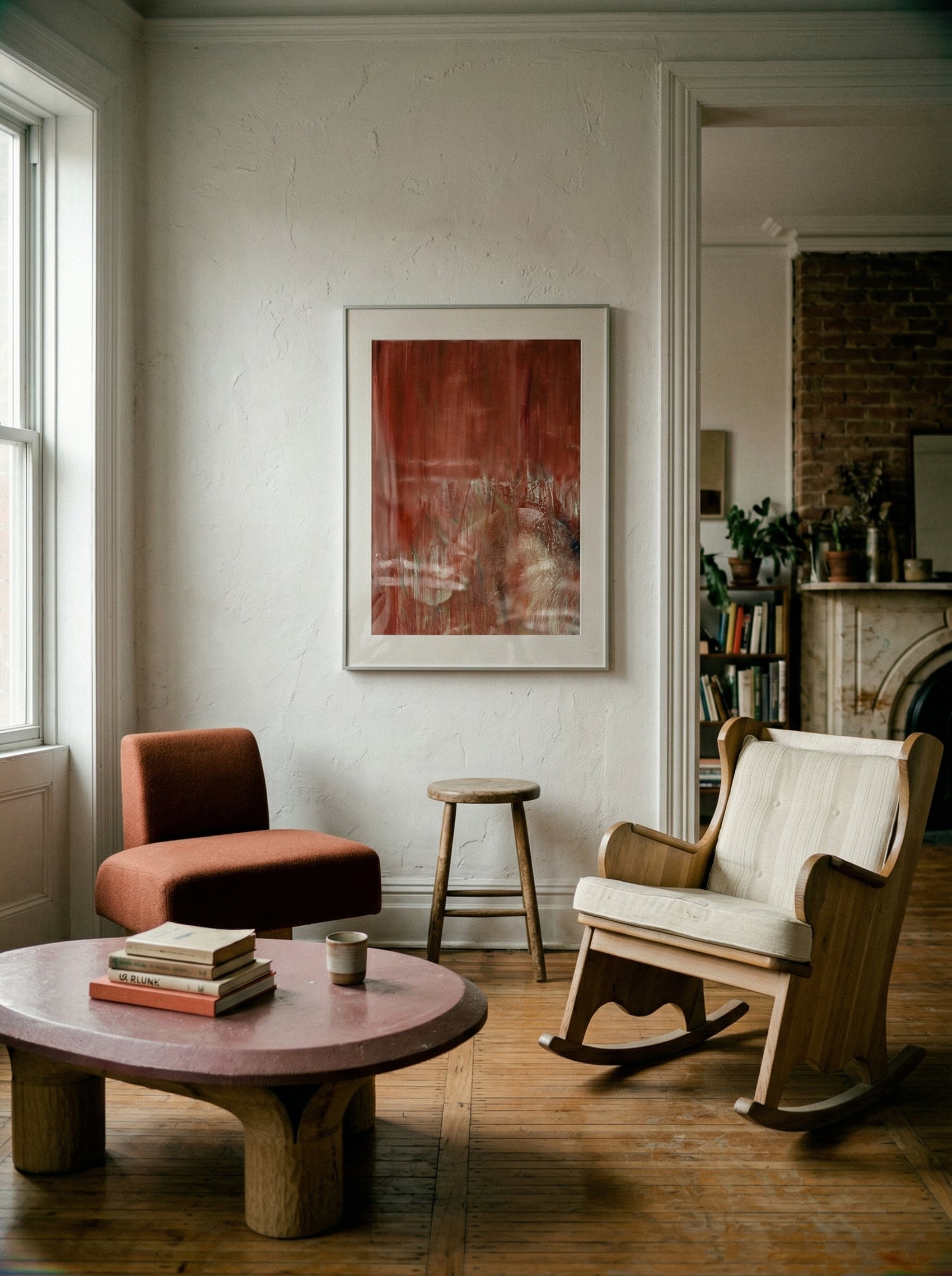 Living room with wooden coffee table, armchair, and rocking chair against a white wall with abstract art. Field red – Bold Abstract Canvas Print | Large Luxury Wall Art | Brume Art