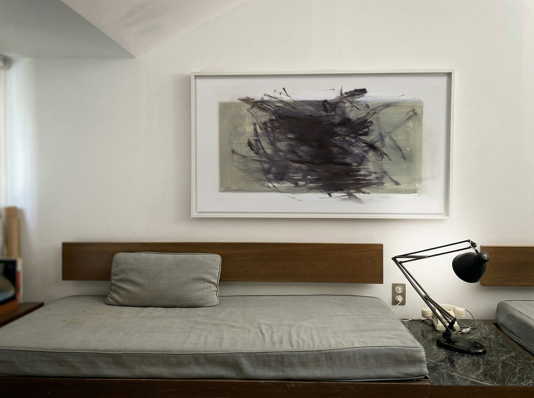 Modern bedroom with a bed, lamp, and abstract painting on the wall. Tension 2 – Bold Abstract Canvas Print | Large Luxury Wall Art | Brume Art