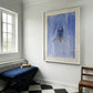 Room interior with a checkered floor, bench, and framed portrait on the wall. Portrait of a Man – Contemporary Portrait Canvas | Luxury Wall Art | Brume Art | Luxury Wall Decor | Large Canvas Wall Art | Oversized Wall Hanging-Brume art
