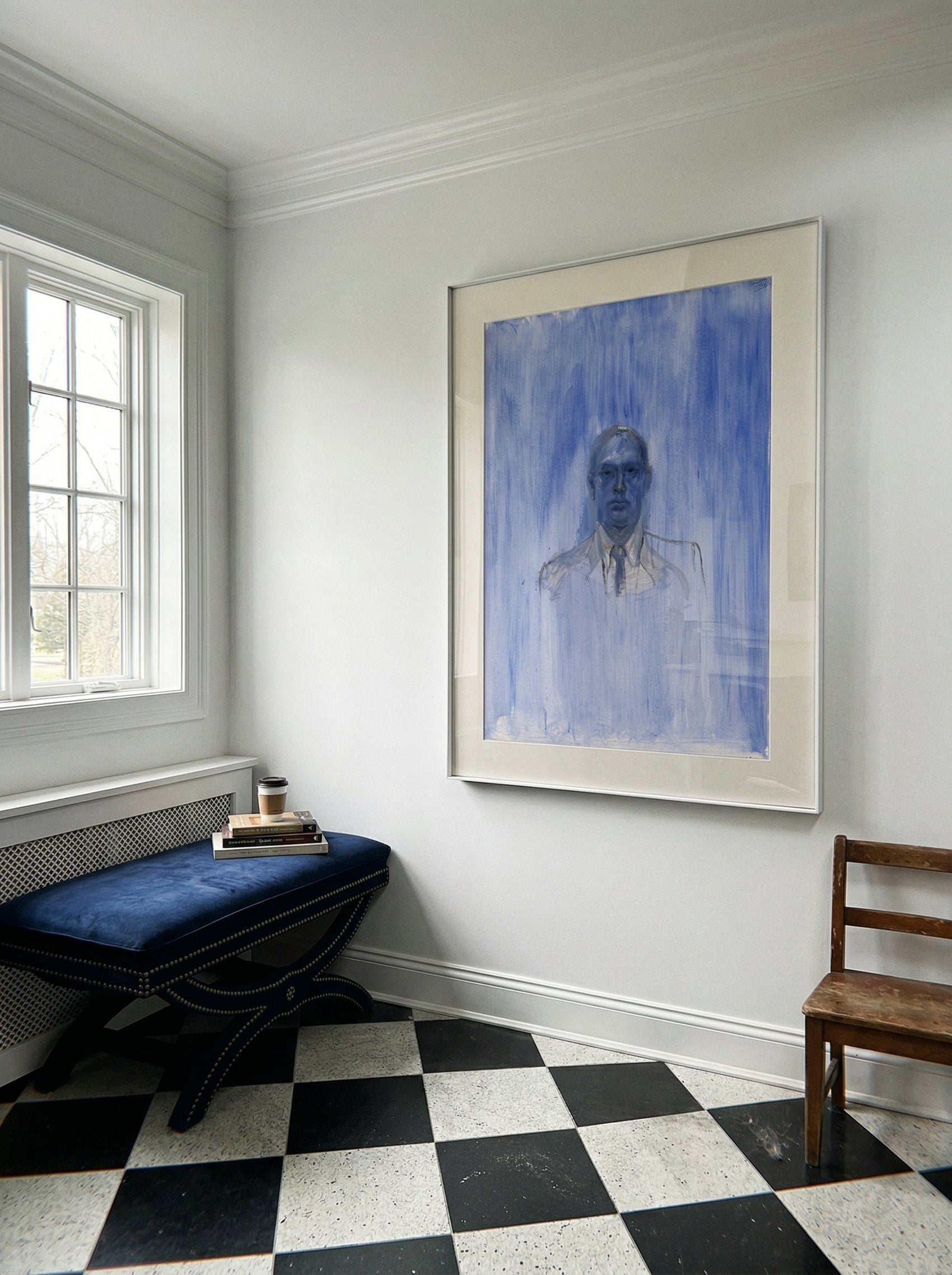 Room interior with a checkered floor, bench, and framed portrait on the wall. Portrait of a Man – Contemporary Portrait Canvas | Luxury Wall Art | Brume Art | Luxury Wall Decor | Large Canvas Wall Art | Oversized Wall Hanging-Brume art