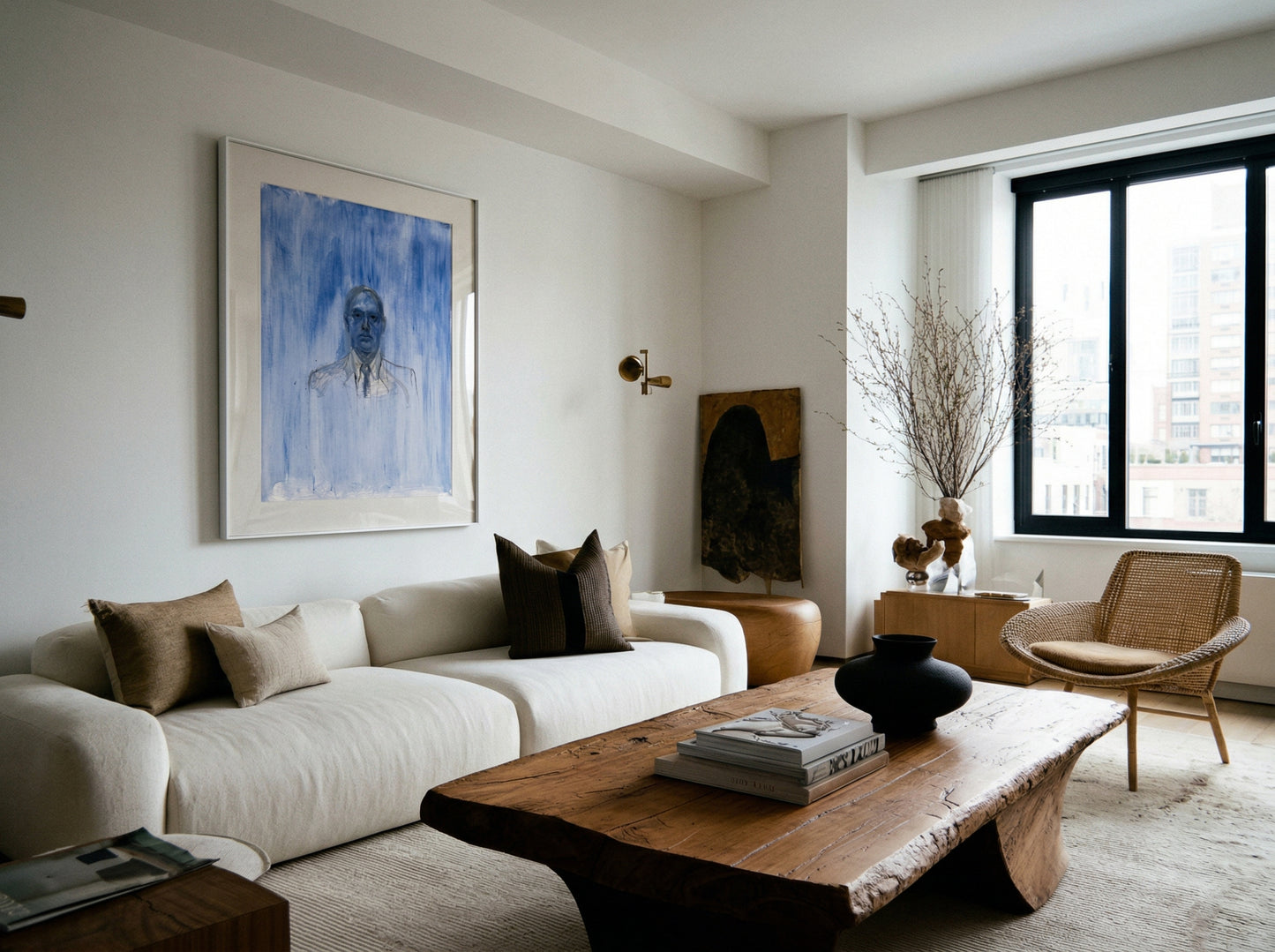 Modern living room with a white sofa, wooden coffee table, and decorative items. Portrait of a Man – Contemporary Portrait Canvas | Luxury Wall Art | Brume Art | Luxury Wall Decor | Large Canvas Wall Art | Oversized Wall Hanging-Brume art