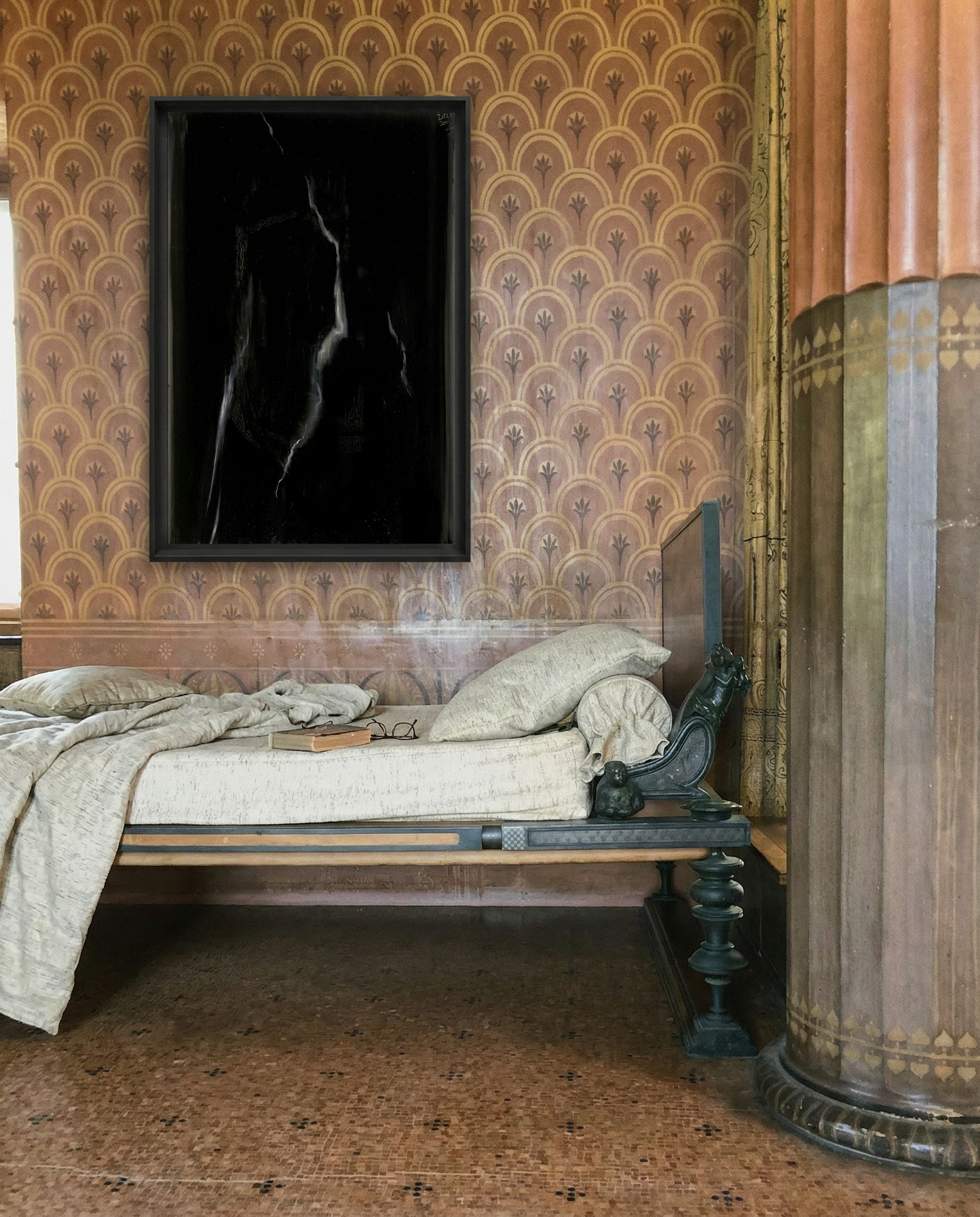 Vintage bedroom with ornate wallpaper, bed, and decorative elements. Strike 2 – Bold Abstract Canvas Wall Art | Premium Luxury Print | Brume Art