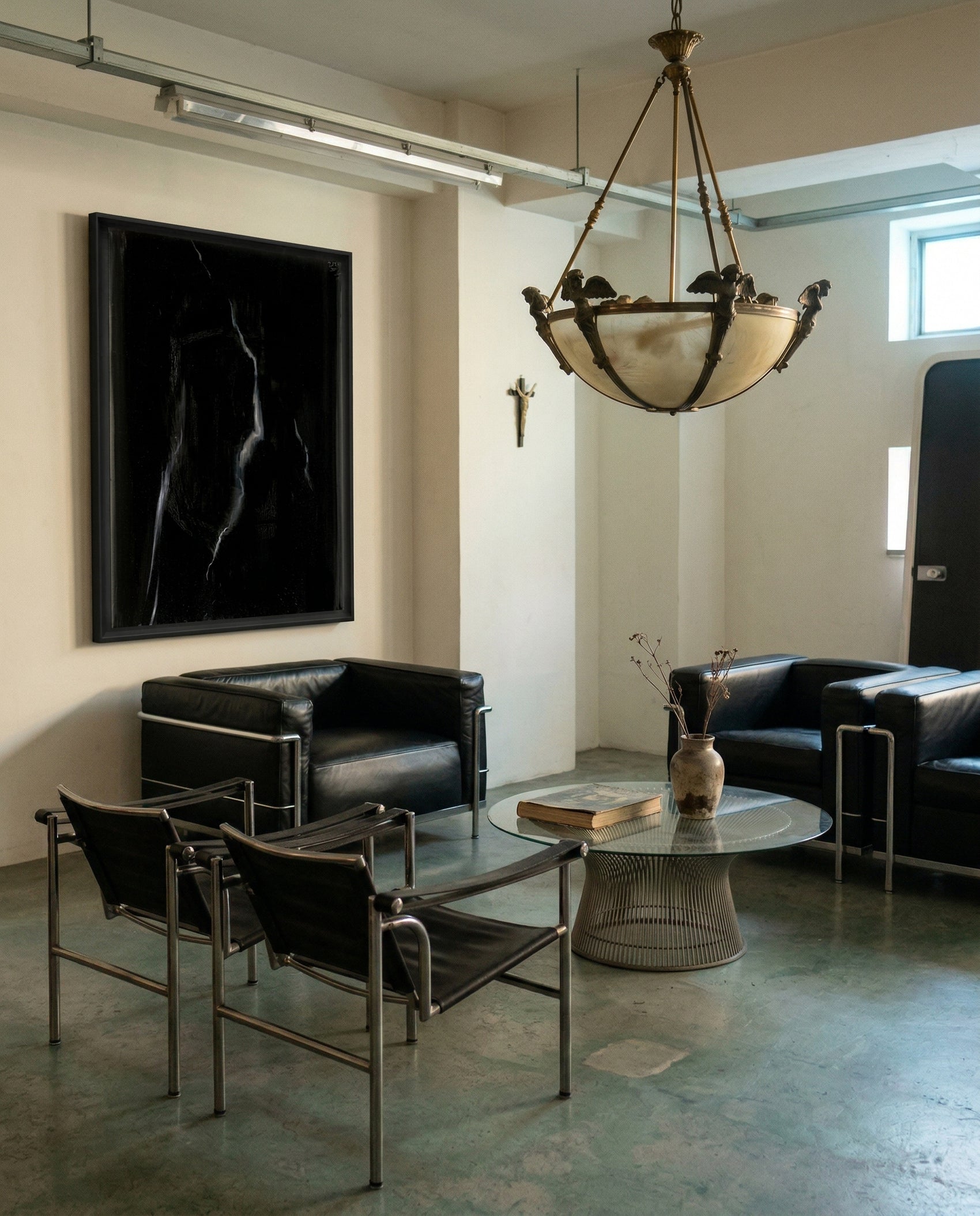Modern living room with black leather furniture, a chandelier, and abstract art. Strike 2 – Bold Abstract Canvas Wall Art | Premium Luxury Print | Brume Art