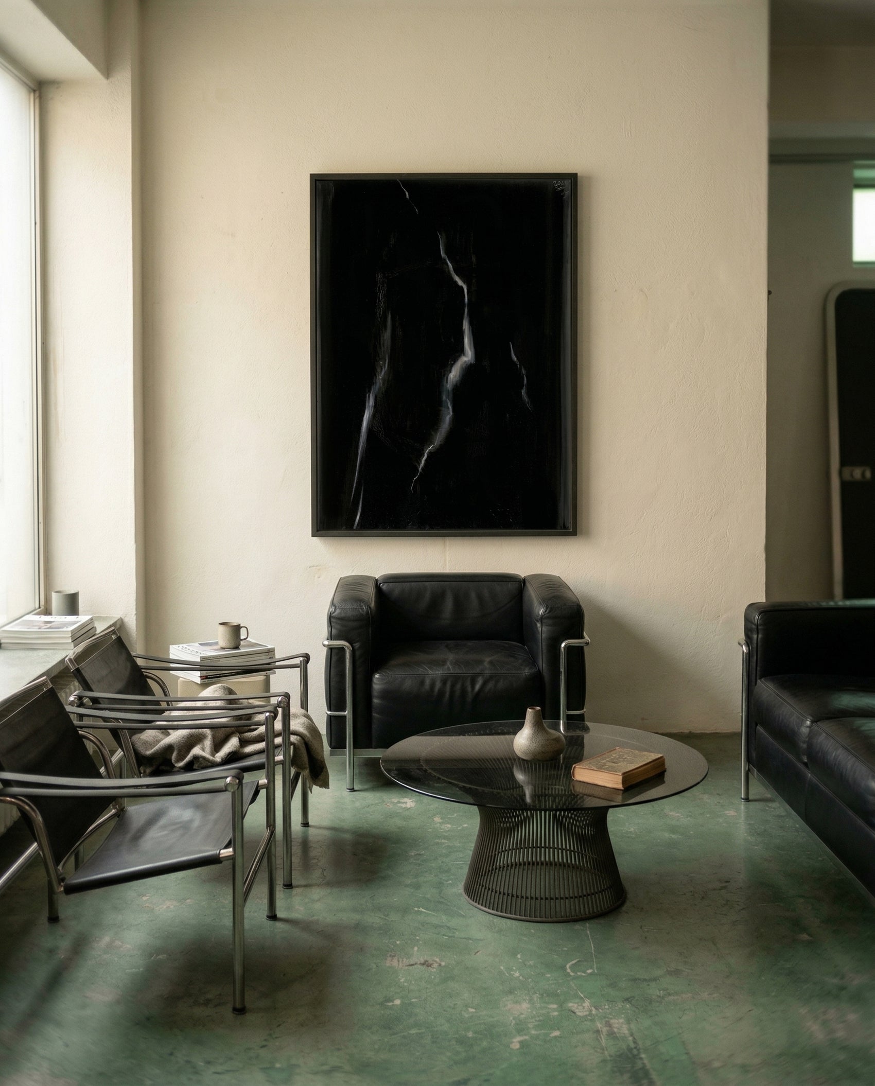 Modern living room with black leather furniture and a large abstract painting on the wall. Strike 2 – Bold Abstract Canvas Wall Art | Premium Luxury Print | Brume Art