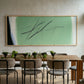 Dining room with a large abstract painting on the wall above a wooden table with chairs. Big battle - Abstract Diptych Canvas Wall Art | Oversized Luxury Print | Brume Art | Luxury Wall Decor | Large Canvas Wall Art | Oversized Wall Hanging-Brume art