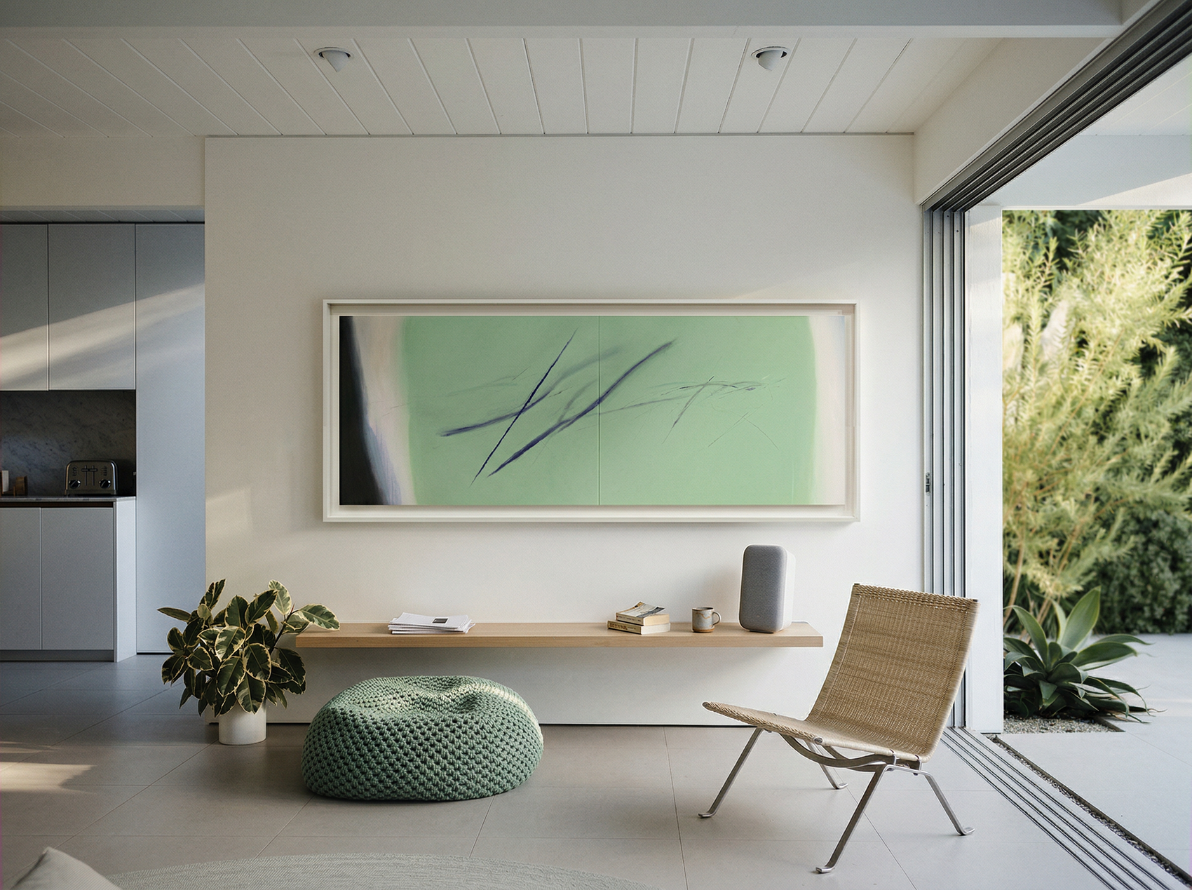 Modern living room with a large abstract painting on the wall, a chair, and a pouf. Big battle - Abstract Diptych Canvas Wall Art | Oversized Luxury Print | Brume Art | Luxury Wall Decor | Large Canvas Wall Art | Oversized Wall Hanging-Brume art