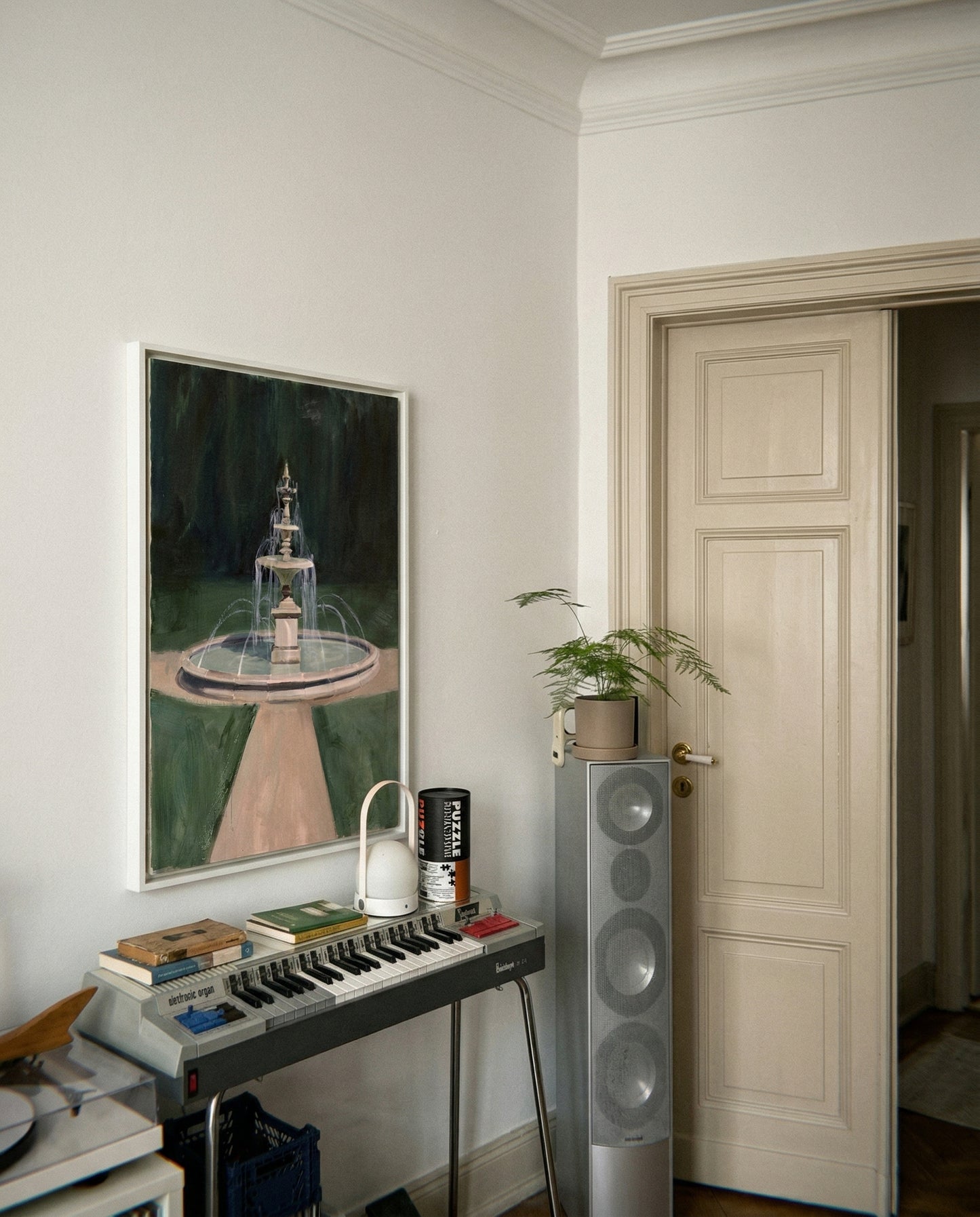 Room interior with a painting, keyboard, and speaker. The Fountain – Abstract Canvas Wall Art | Large Luxury Print | Brume Art| Luxury Wall Decor | Large Canvas Wall Art | Oversized Wall Hanging-Brume art