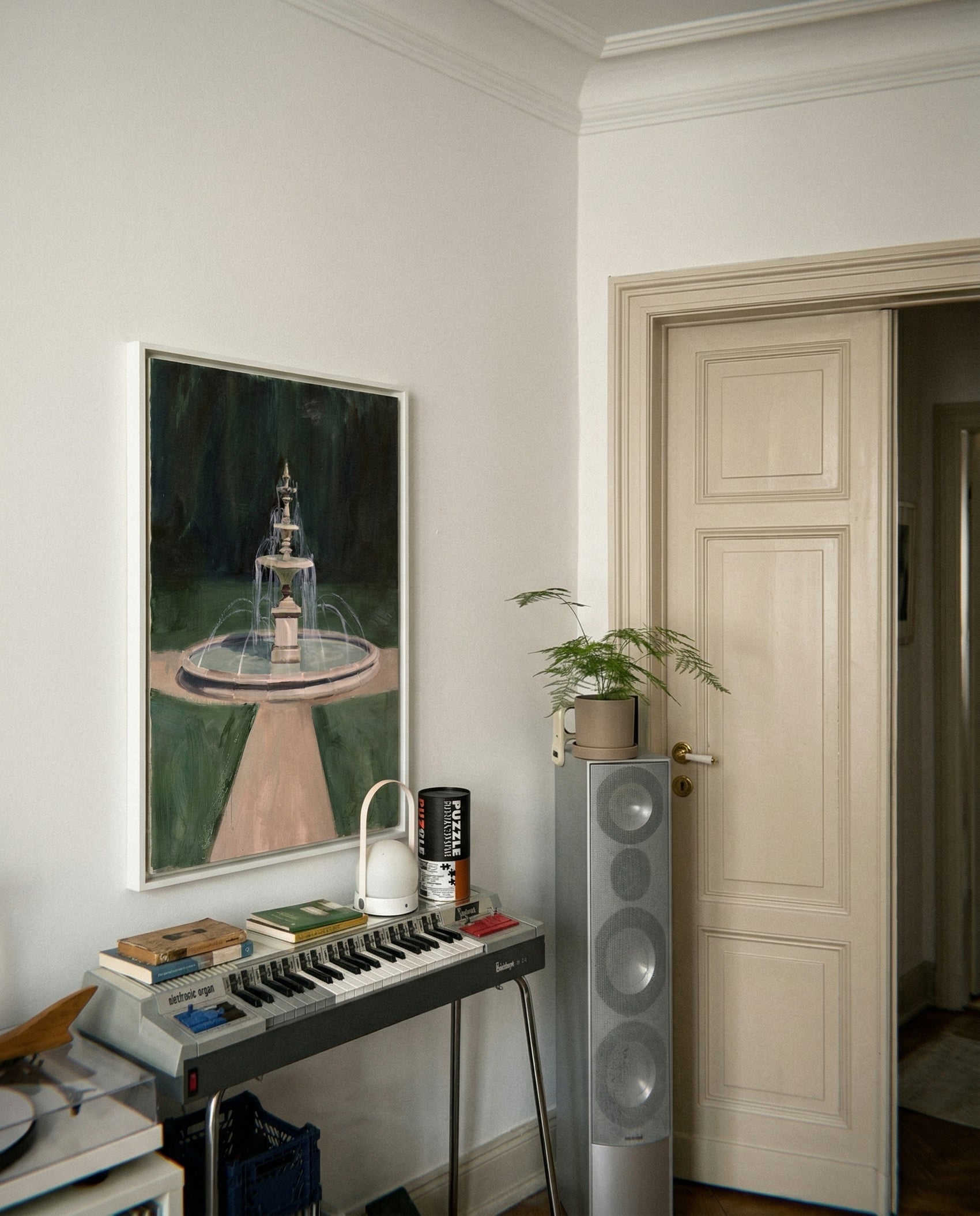 Room interior with a painting, keyboard, and speaker. The Fountain – Abstract Canvas Wall Art | Large Luxury Print | Brume Art| Luxury Wall Decor | Large Canvas Wall Art | Oversized Wall Hanging-Brume art