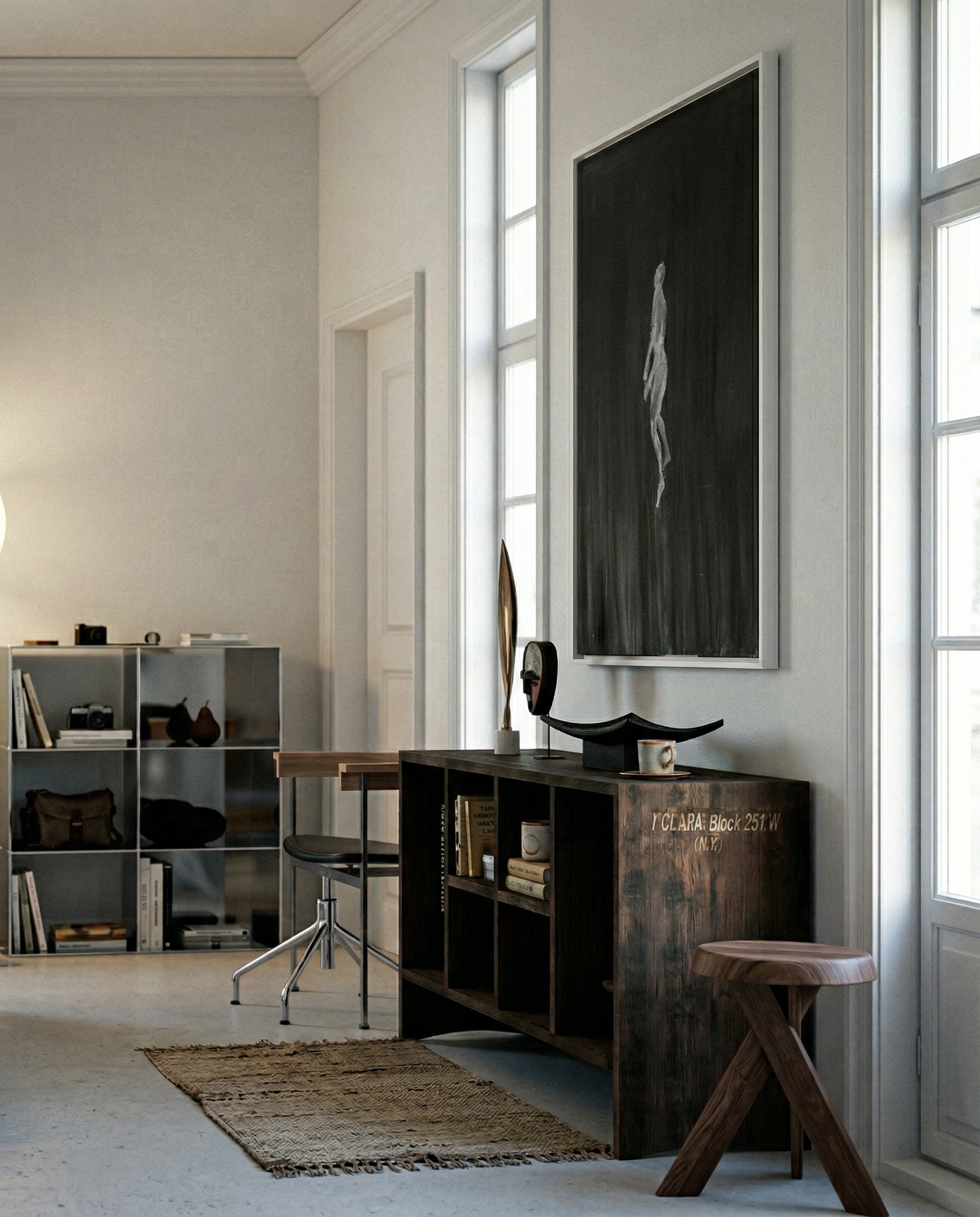 Modern interior with wooden desk, chair, and bookshelf in a well-lit room. In the black – Bold Abstract Canvas Wall Art | Large Luxury Print | Brume Art