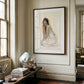 Framed artwork of a woman sitting on a stool in a room with a window and books. Portrait of a lady – Portrait Canvas Wall Art | Large Luxury Print | Brume Art| Luxury Wall Decor | Large Canvas Wall Art | Oversized Wall Hanging-Brume art
