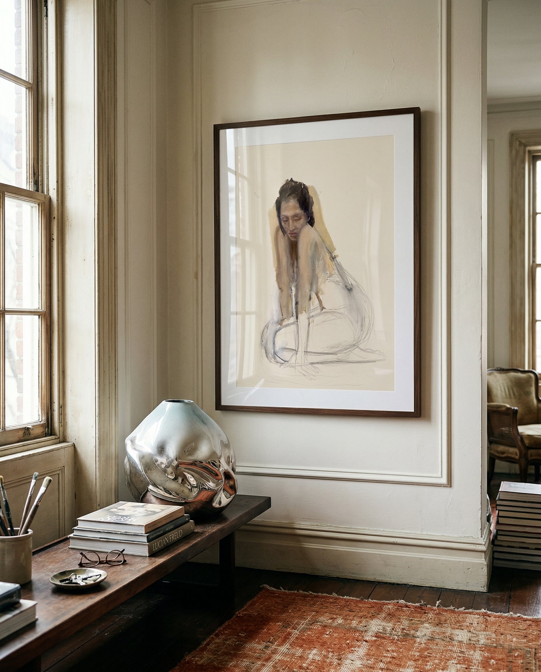 Framed artwork of a woman sitting on a stool in a room with a window and books. Portrait of a lady – Portrait Canvas Wall Art | Large Luxury Print | Brume Art| Luxury Wall Decor | Large Canvas Wall Art | Oversized Wall Hanging-Brume art