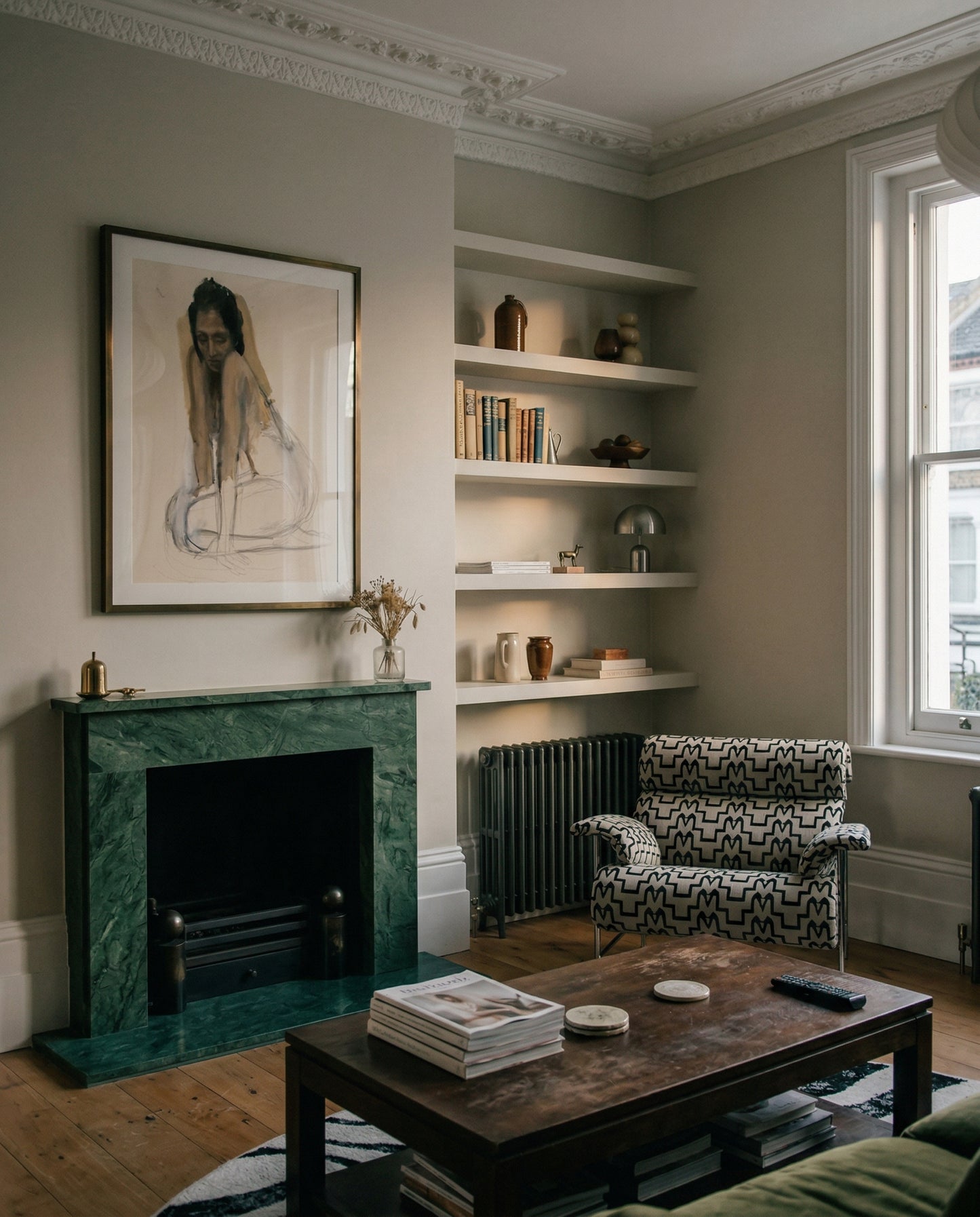 Living room with green marble fireplace, patterned armchair, and bookshelf. Portrait of a lady – Portrait Canvas Wall Art | Large Luxury Print | Brume Art| Luxury Wall Decor | Large Canvas Wall Art | Oversized Wall Hanging-Brume art