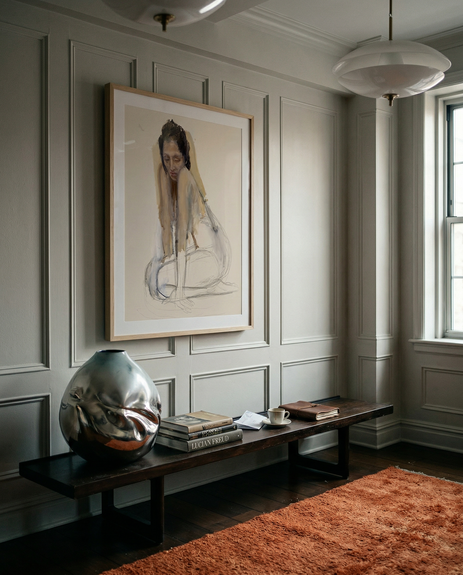 Room interior with a framed artwork on the wall, a bench, and decorative items. Portrait of a lady – Portrait Canvas Wall Art | Large Luxury Print | Brume Art| Luxury Wall Decor | Large Canvas Wall Art | Oversized Wall Hanging-Brume art