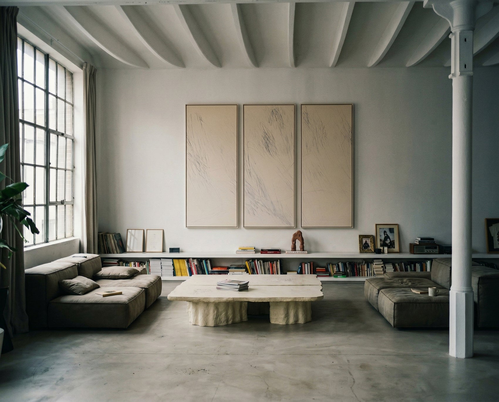 Modern living room with a large window, gray sofa, and abstract wall art. Black lines 2 – Bold Abstract Canvas Wall Art | Premium Luxury Print | Brume Art| Luxury Wall Decor | Large Canvas Wall Art | Oversized Wall Hanging-Brume art
