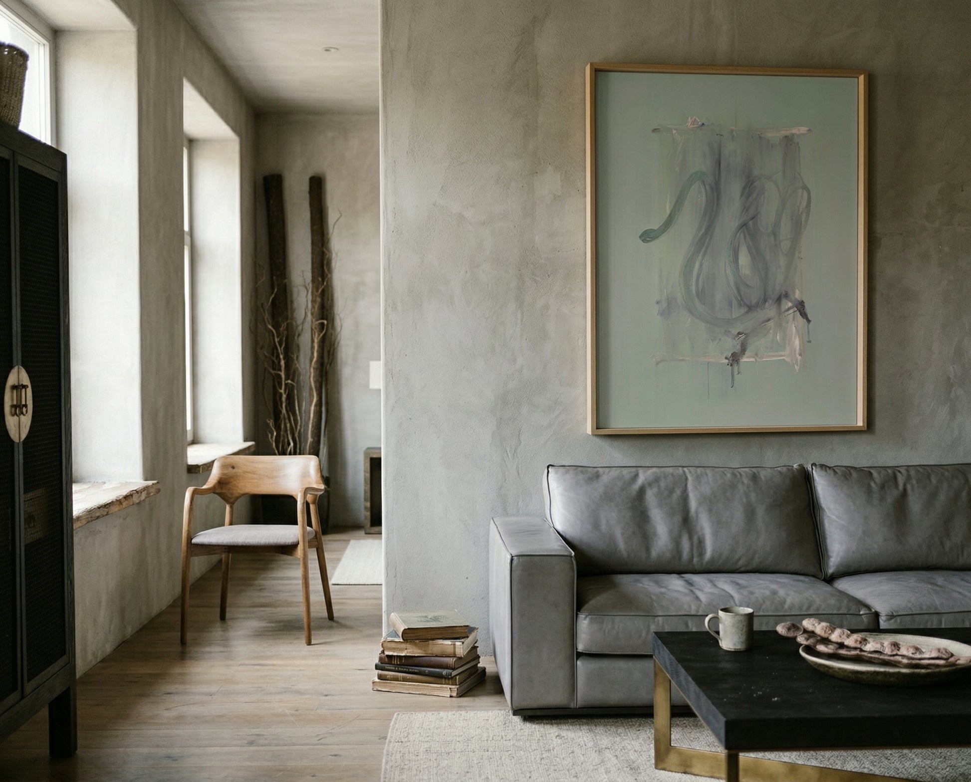 Modern living room with gray sofa, abstract art, and wooden coffee table. tension 3 – Textured Abstract Canvas Art | Premium Luxury Wall Decor | Brume Art
