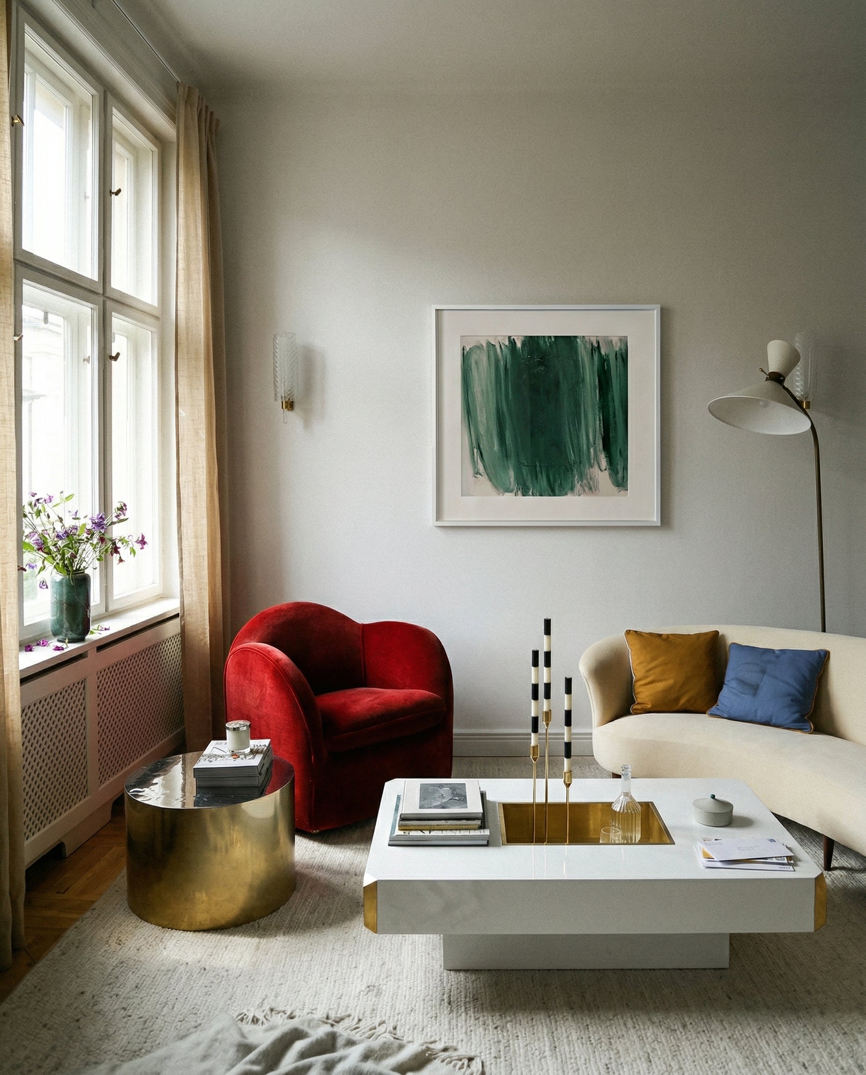 Modern living room with a red armchair, white sofa, and abstract art on the wall. Field green 3 – Textured Abstract Canvas Art | Premium Luxury Wall Decor | Brume Art
