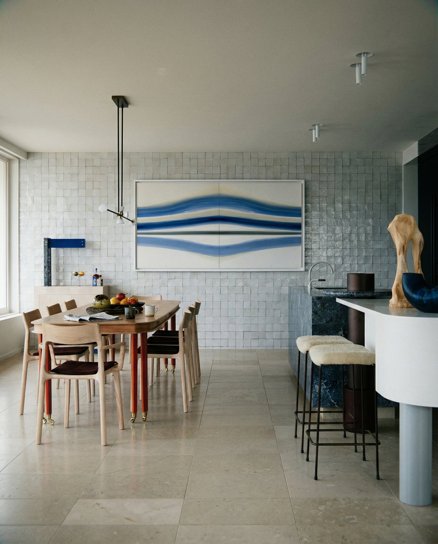 Modern kitchen with dining area and abstract artwork on the wall Blue Stripes – Abstract Diptych Canvas Art | Large Luxury Wall Print | Brume Art