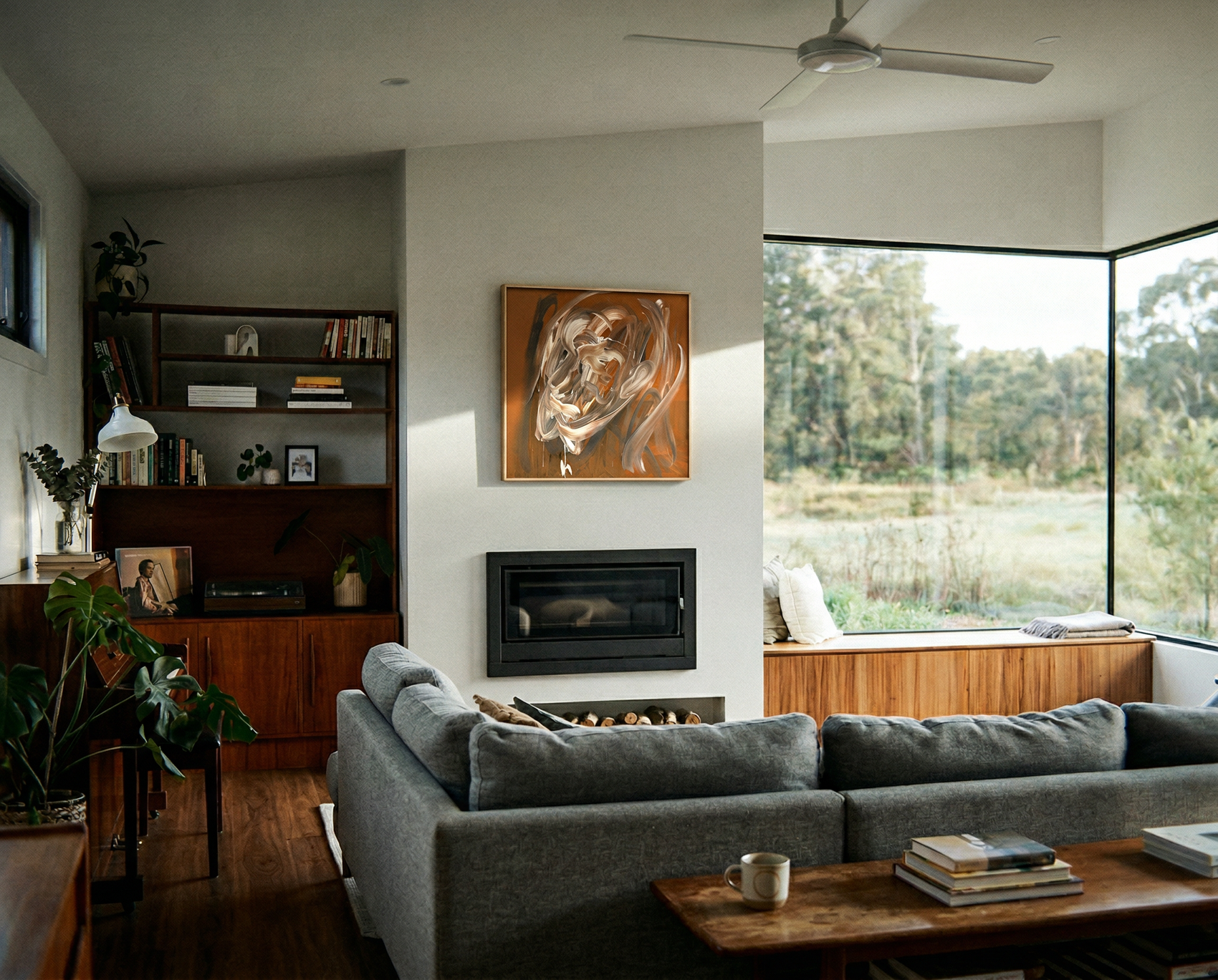 Modern living room with gray sofa, wooden coffee table, and large windows. Noise 4 – Textured Abstract Canvas Art | Premium Luxury Wall Decor | Brume Art | Luxury Wall Decor | Large Canvas Wall Art | Oversized Wall Hanging-Brume art