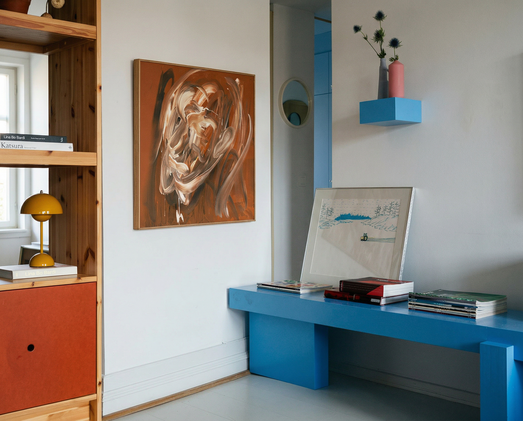 Modern interior with a blue desk, wooden bookshelf, and abstract art on the wall. Noise 4 – Textured Abstract Canvas Art | Premium Luxury Wall Decor | Brume Art | Luxury Wall Decor | Large Canvas Wall Art | Oversized Wall Hanging-Brume art