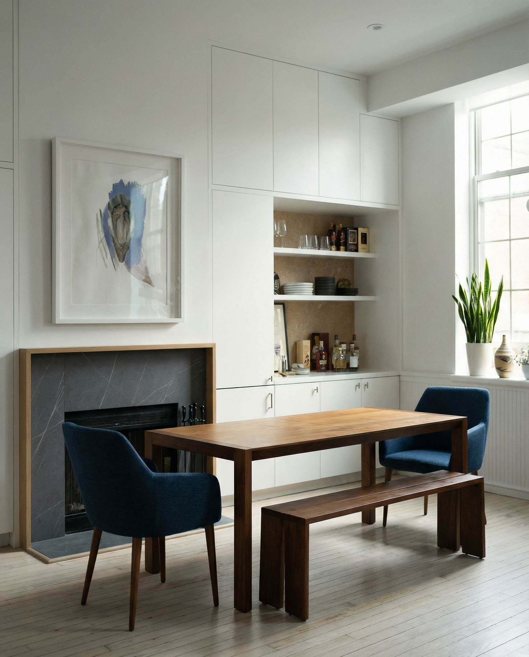 Modern dining room with wooden table, blue chairs, and a fireplace. oyster – Elegant Abstract Canvas Wall Art | Luxury Giclée Print | Brume Art| Luxury Wall Decor | Large Canvas Wall Art | Oversized Wall Hanging-Brume art