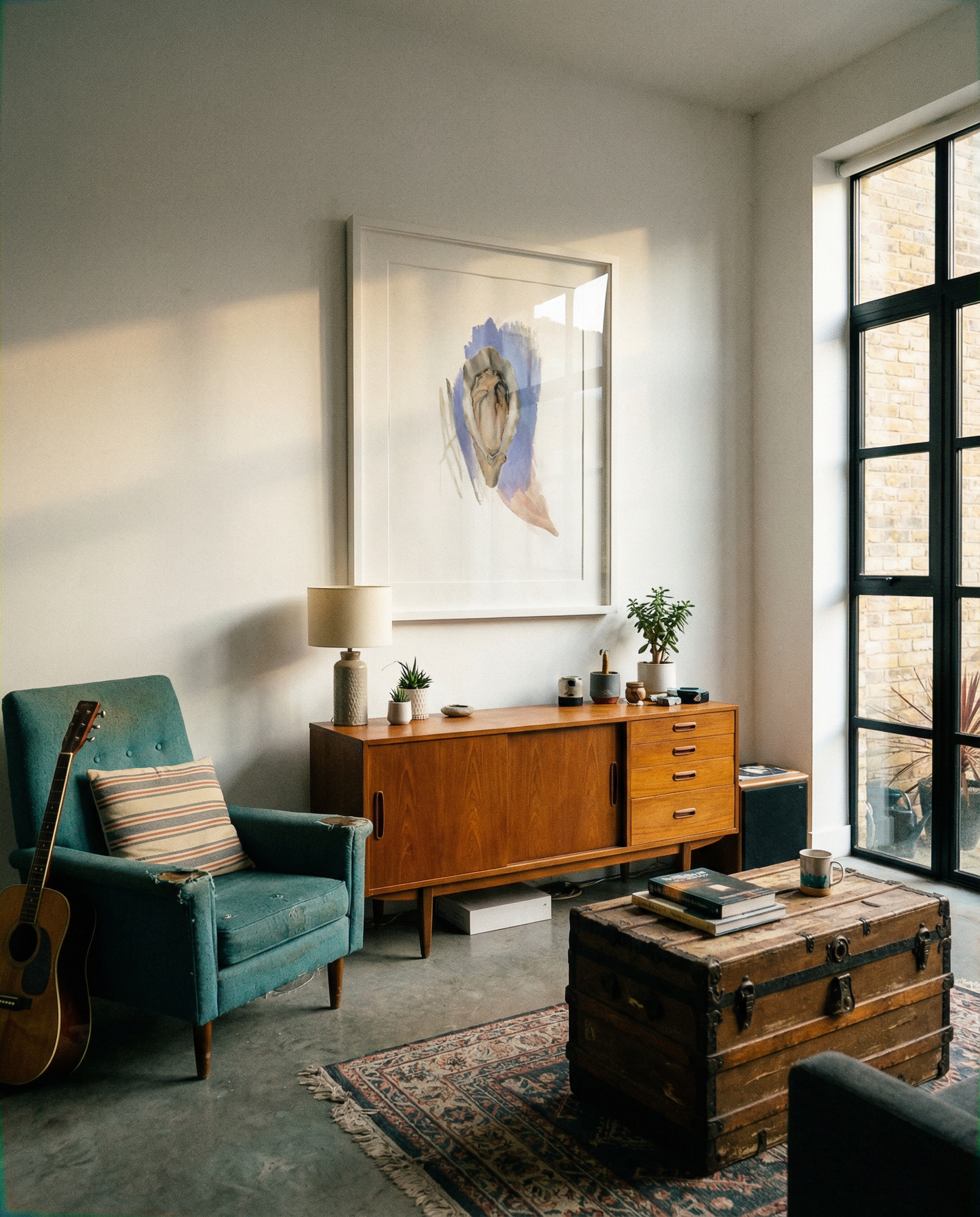 Living room with teal armchair, wooden sideboard, and large window. oyster – Elegant Abstract Canvas Wall Art | Luxury Giclée Print | Brume Art| Luxury Wall Decor | Large Canvas Wall Art | Oversized Wall Hanging-Brume art