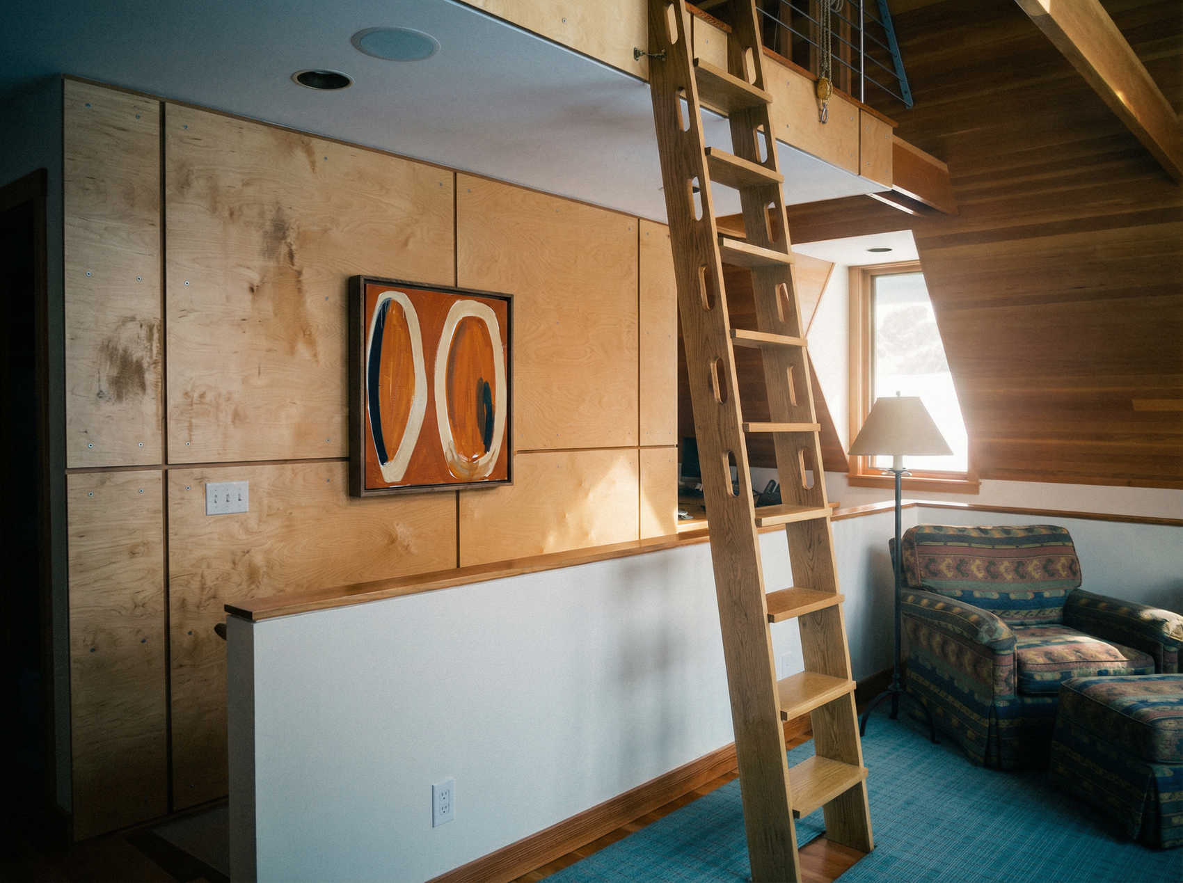 Room with wooden walls, a ladder, and a couch. Form - Bold Abstract Canvas Print | Large Luxury Wall Art | Brume Art | Luxury Wall Decor | Large Canvas Wall Art | Oversized Wall Hanging-Brume art