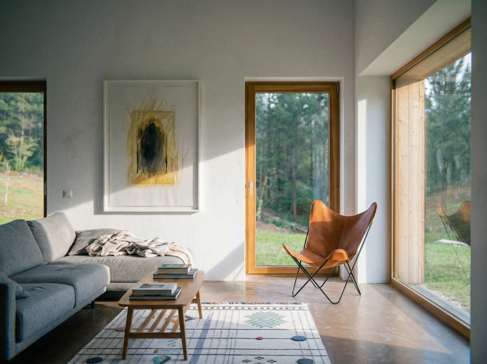 Modern living room with a gray sofa, wooden coffee table, and leather chair near large windows with a view of trees. Fading figure – Bold Abstract Canvas Print | Large Luxury Wall Art | Brume Art