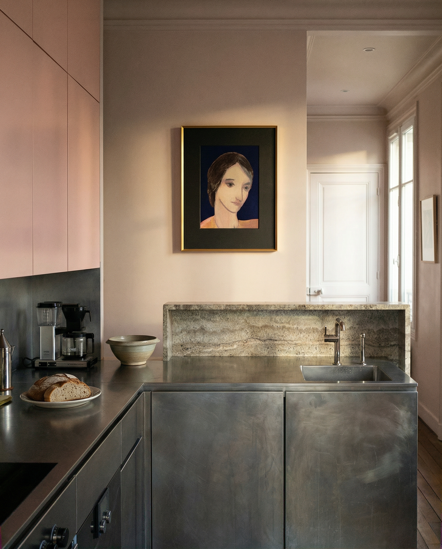Modern kitchen with metallic island, pink cabinets, and a portrait on the wall. lady boss – Figurative Canvas Print | Modern Luxury Wall Art | Brume Art | Luxury Wall Decor | Large Canvas Wall Art | Oversized Wall Hanging-Brume art