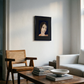 Living room with a framed portrait on the wall, wooden chair, and coffee table. lady boss – Figurative Canvas Print | Modern Luxury Wall Art | Brume Art | Luxury Wall Decor | Large Canvas Wall Art | Oversized Wall Hanging-Brume art