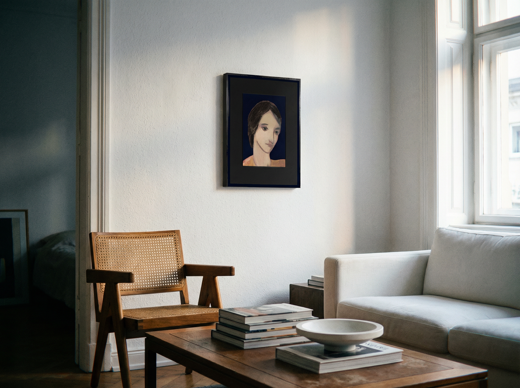 Living room with a framed portrait on the wall, wooden chair, and coffee table. lady boss – Figurative Canvas Print | Modern Luxury Wall Art | Brume Art | Luxury Wall Decor | Large Canvas Wall Art | Oversized Wall Hanging-Brume art