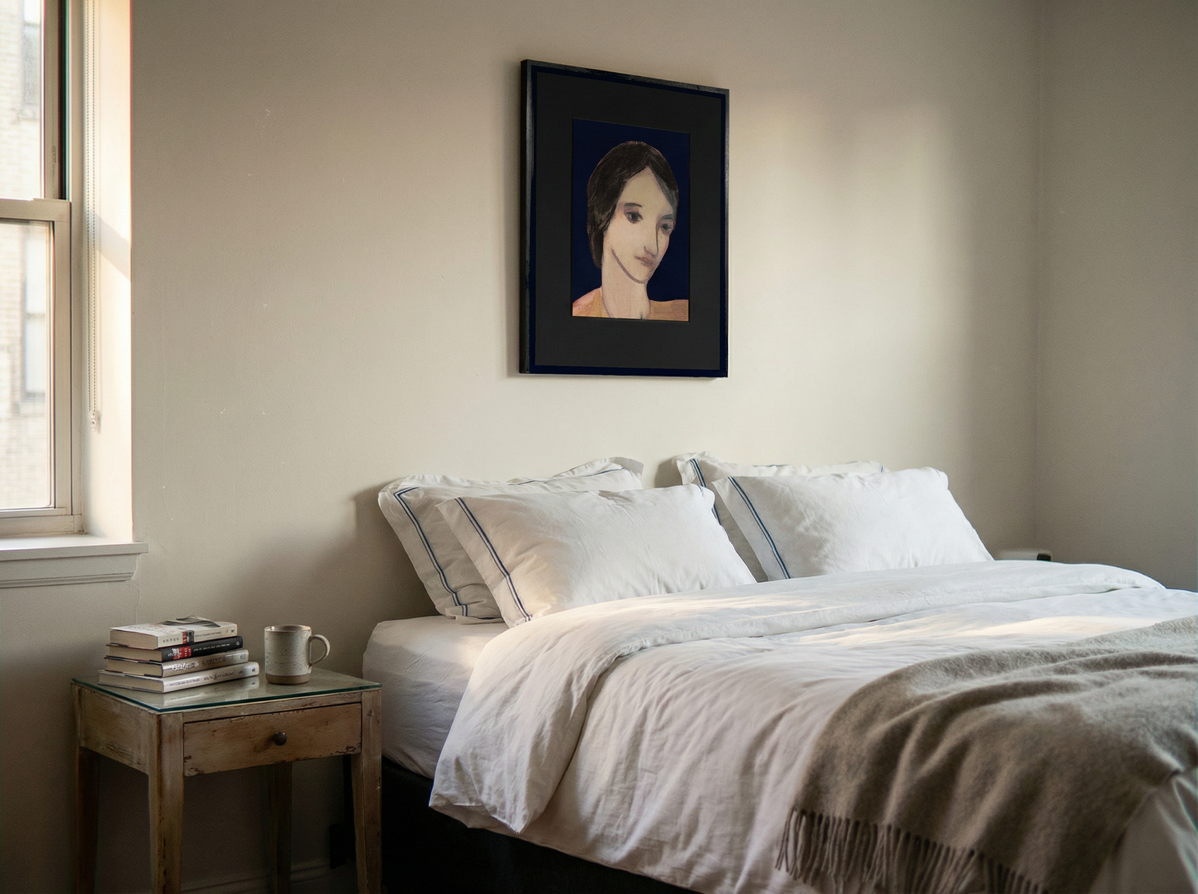 Bedroom with a bed, nightstand, and framed portrait on the wall. lady boss – Figurative Canvas Print | Modern Luxury Wall Art | Brume Art | Luxury Wall Decor | Large Canvas Wall Art | Oversized Wall Hanging-Brume art