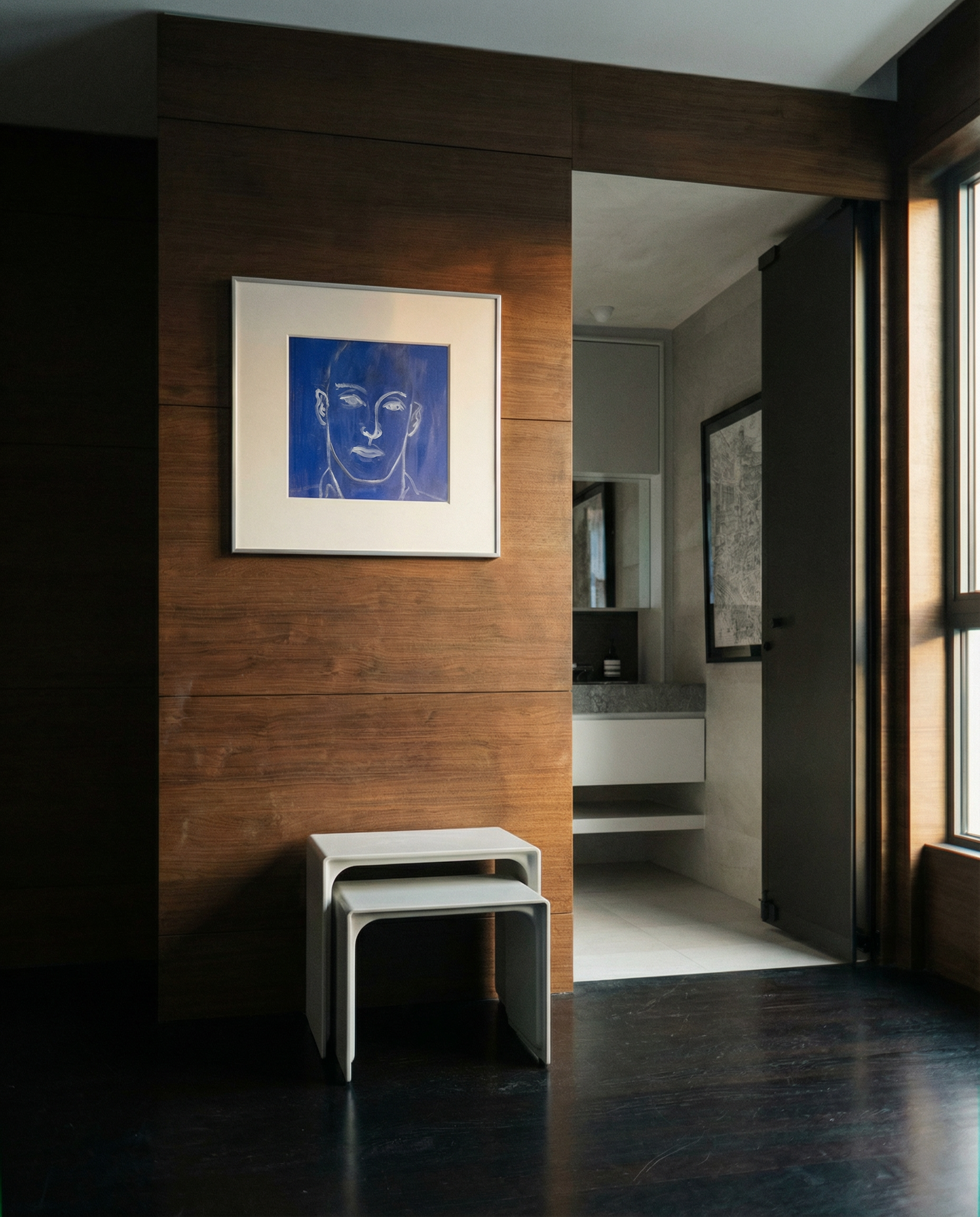 Modern interior with wooden wall, framed artwork, and white furniture. Presence 4 – Figurative Abstract Canvas Print | Large Luxury Wall Art | Brume Art