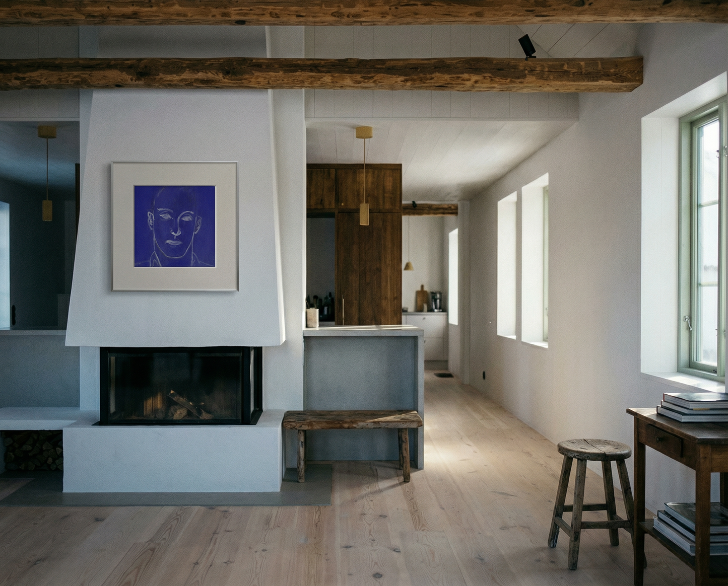 Modern living room with fireplace, bench, and artwork on a white wall. Presence 4 – Figurative Abstract Canvas Print | Large Luxury Wall Art | Brume Art