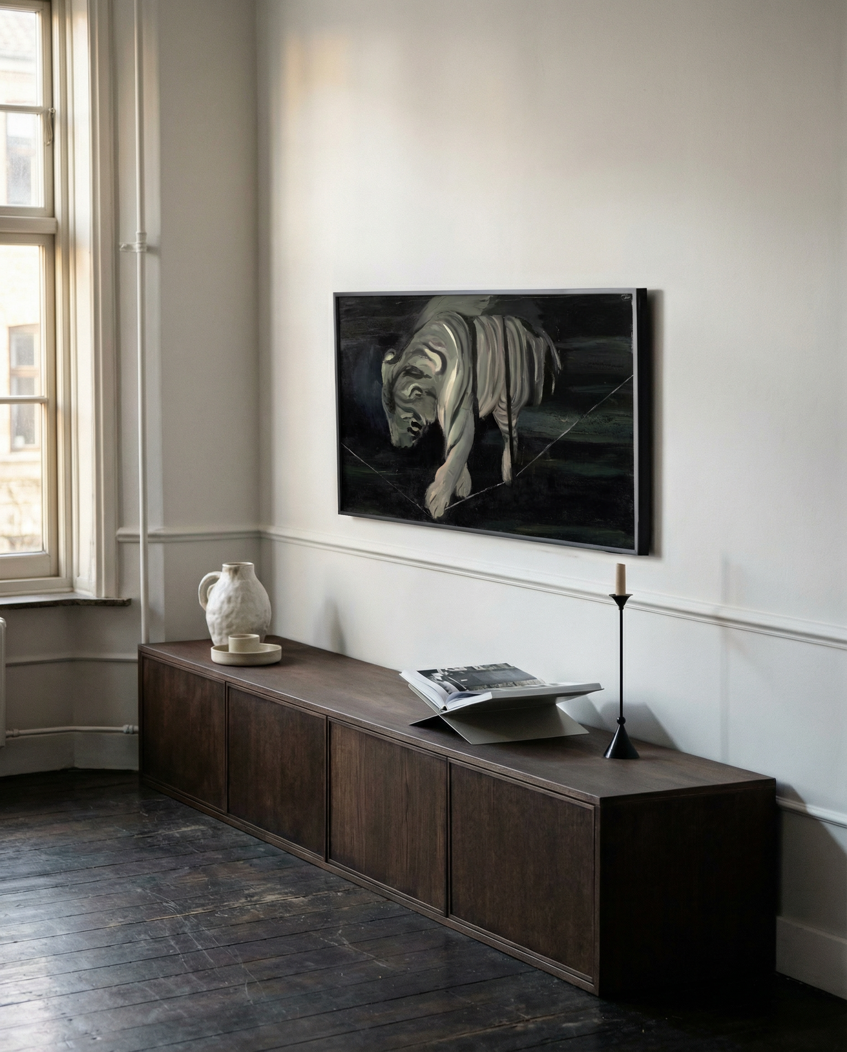Modern living room with a television mounted on the wall above a wooden console table. Tiger 2 – Contemporary Animal Canvas Art | Luxury Wall Decor | Brume Art | Luxury Wall Decor | Large Canvas Wall Art | Oversized Wall Hanging-Brume art