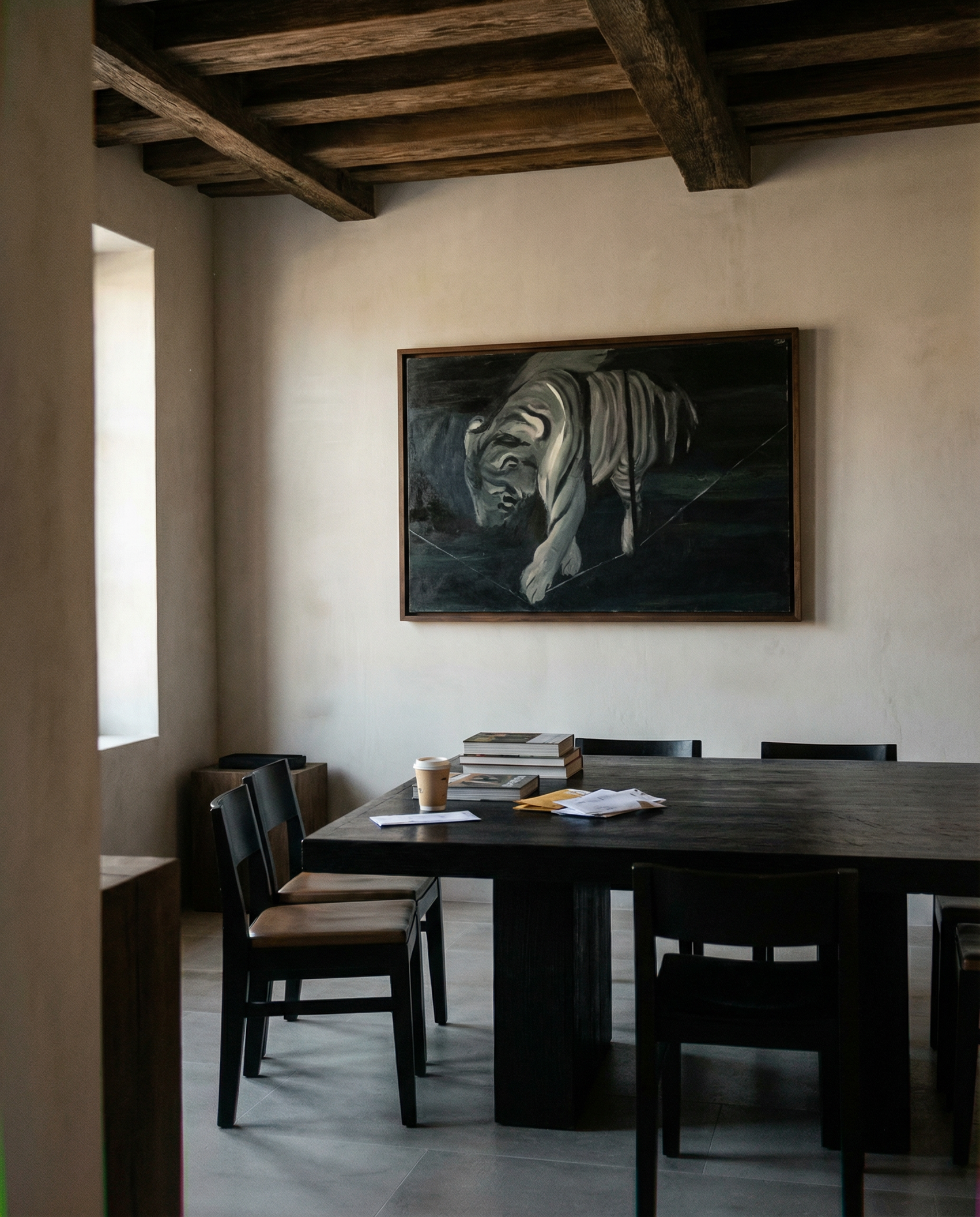 Dining room with a large painting on the wall above a wooden table and chairs. Tiger 2 – Contemporary Animal Canvas Art | Luxury Wall Decor | Brume Art | Luxury Wall Decor | Large Canvas Wall Art | Oversized Wall Hanging-Brume art