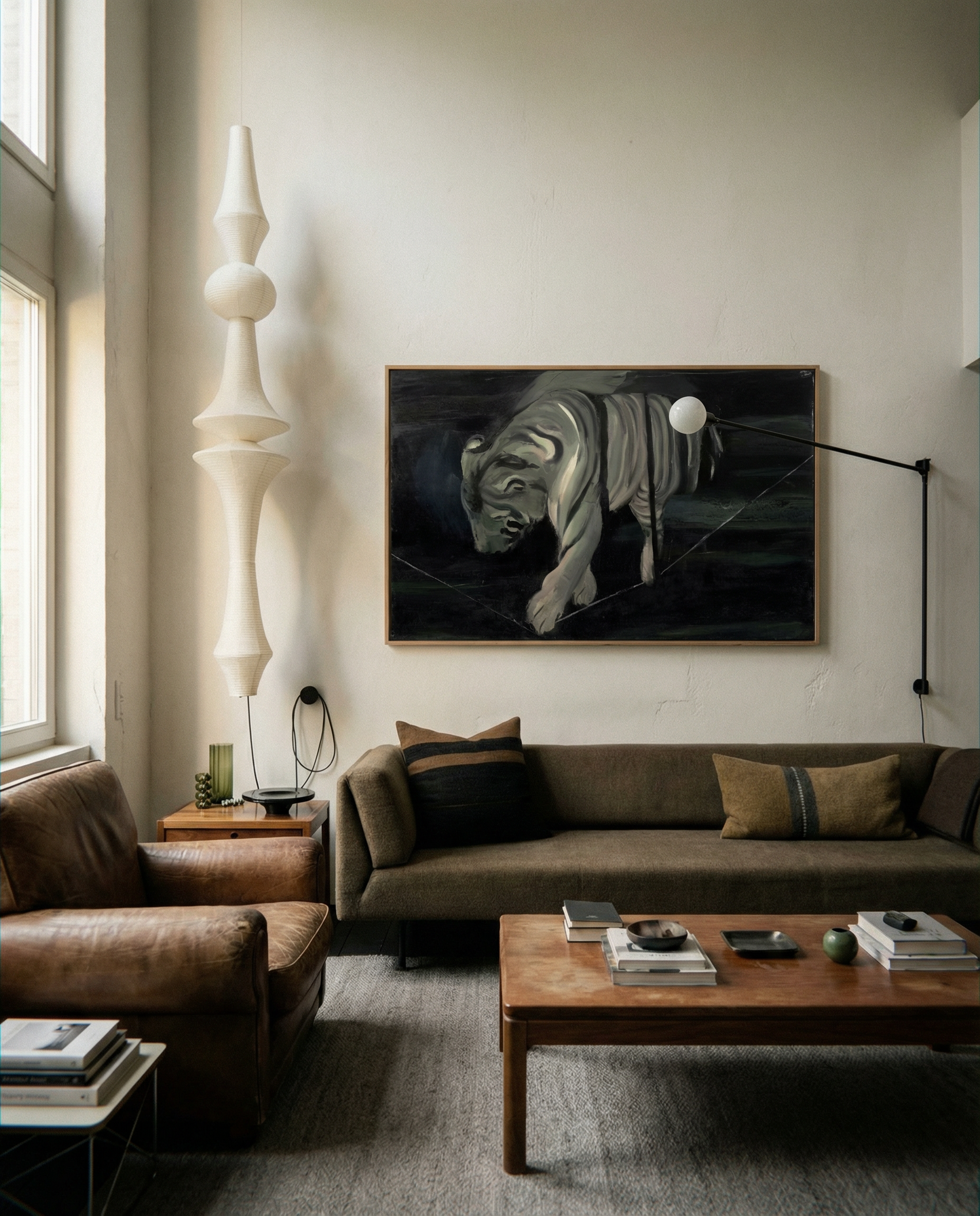 Modern living room with a brown sofa, wooden coffee table, and wall art of a tiger. Tiger 2 – Contemporary Animal Canvas Art | Luxury Wall Decor | Brume Art | Luxury Wall Decor | Large Canvas Wall Art | Oversized Wall Hanging-Brume art